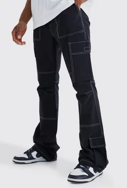 Black Elastic Waist Slim Flare Contrast Stitch Cargo Pants