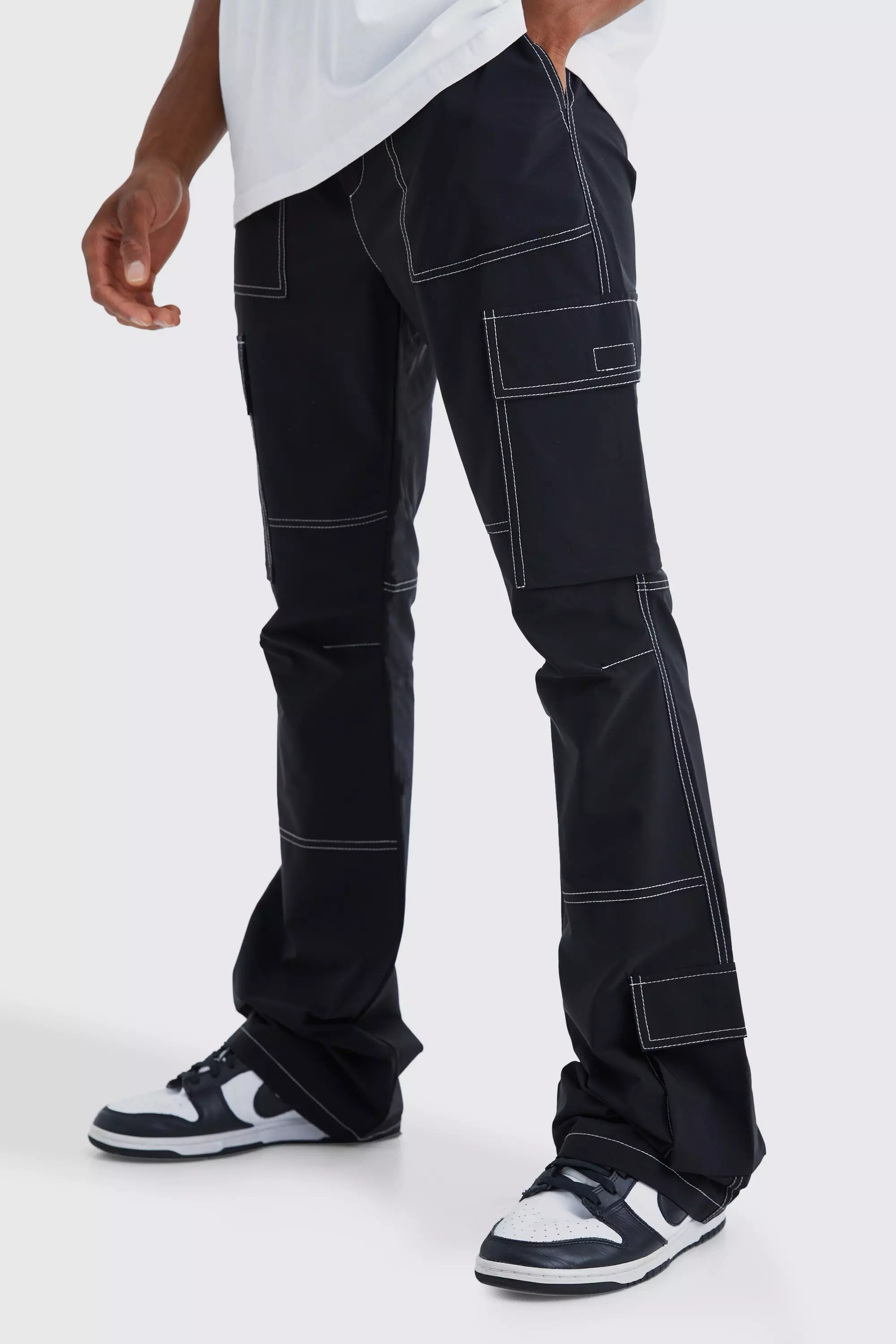 Elastic Waist Slim Flare Contrast Stitch Cargo Pants Black