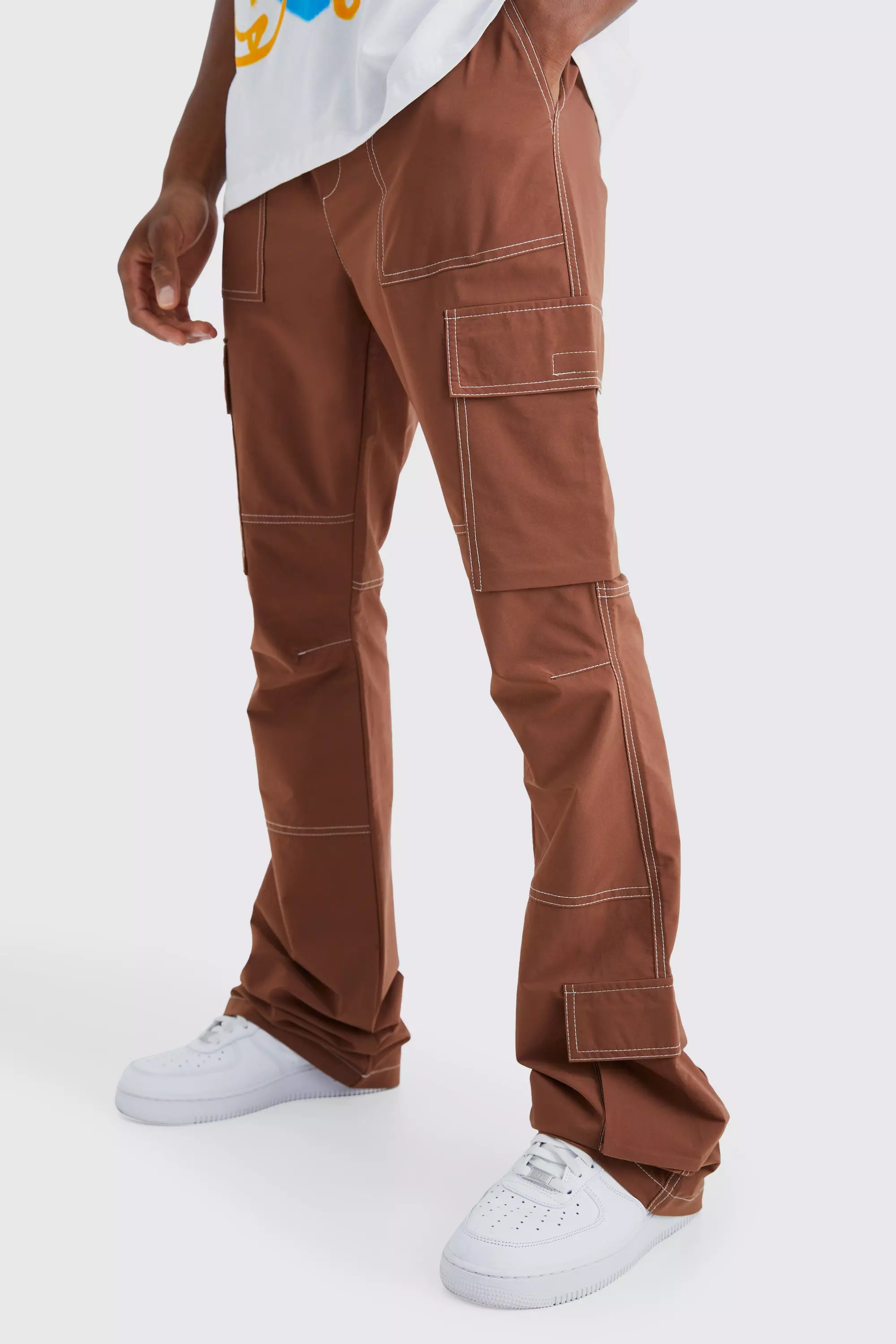Chocolate Brown Elastic Waist Slim Flare Contrast Stitch Cargo Pants