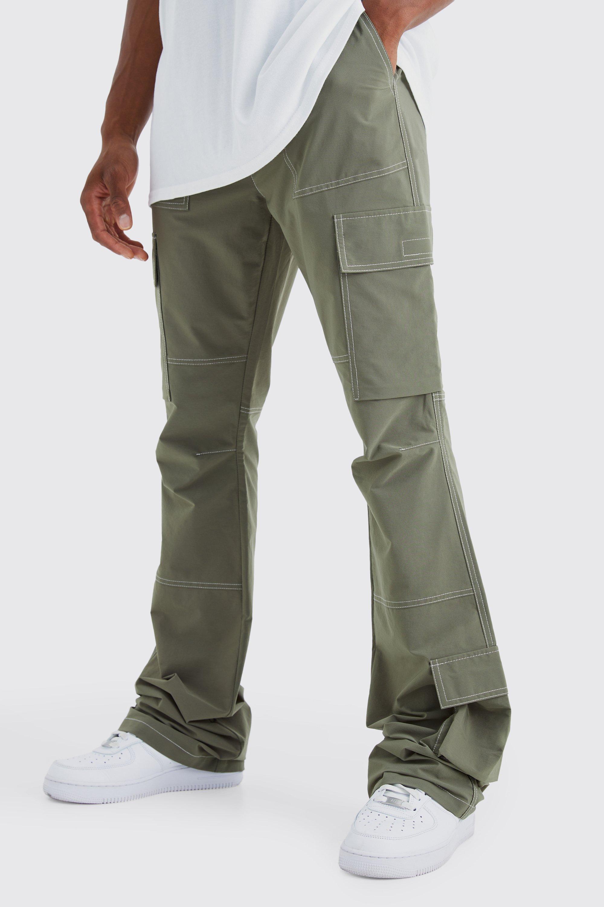 Elastic Waist Slim Flare Contrast Stitch Cargo Pants