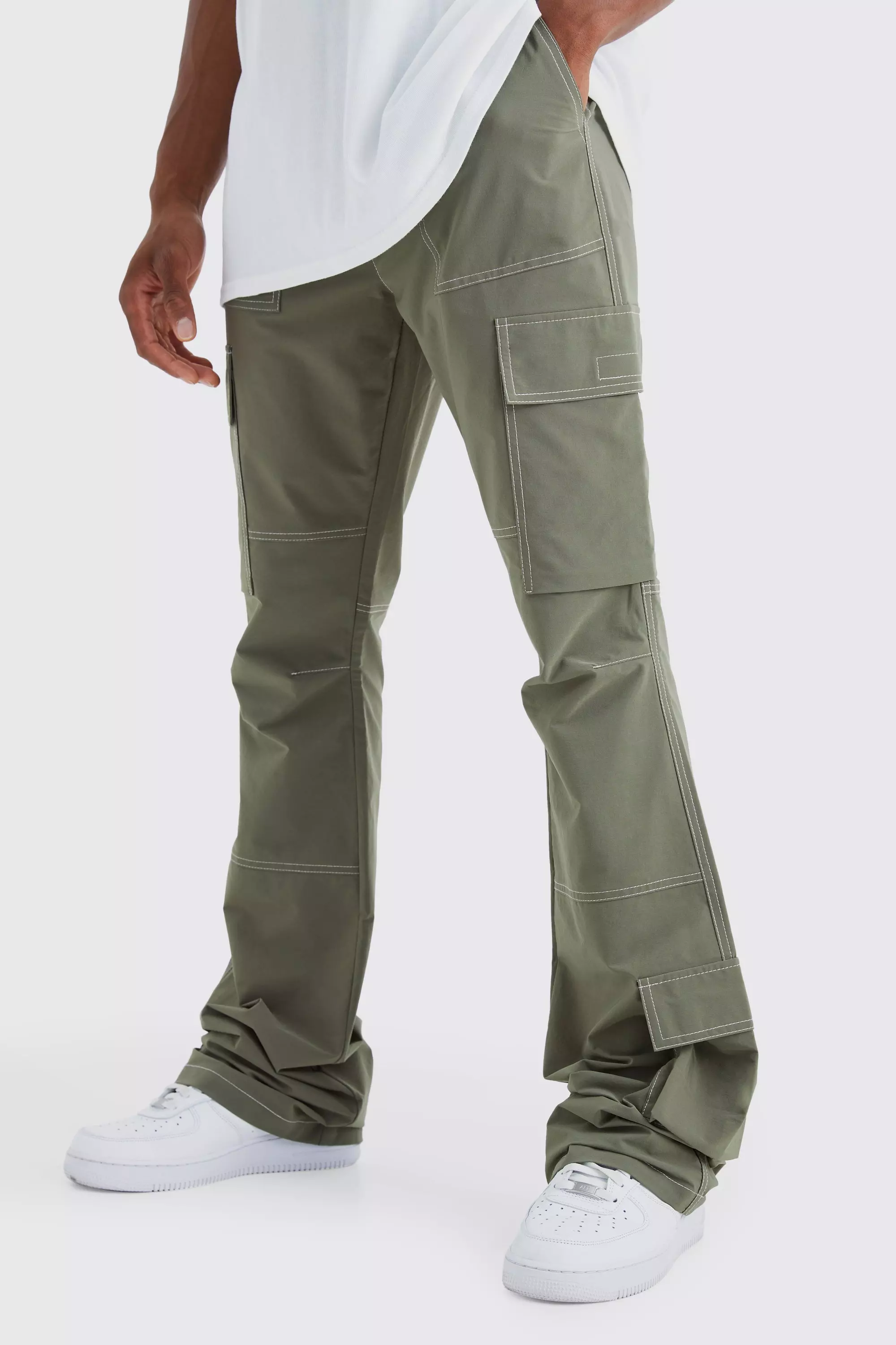 Elastic Waist Slim Flare Contrast Stitch Cargo Pants Olive