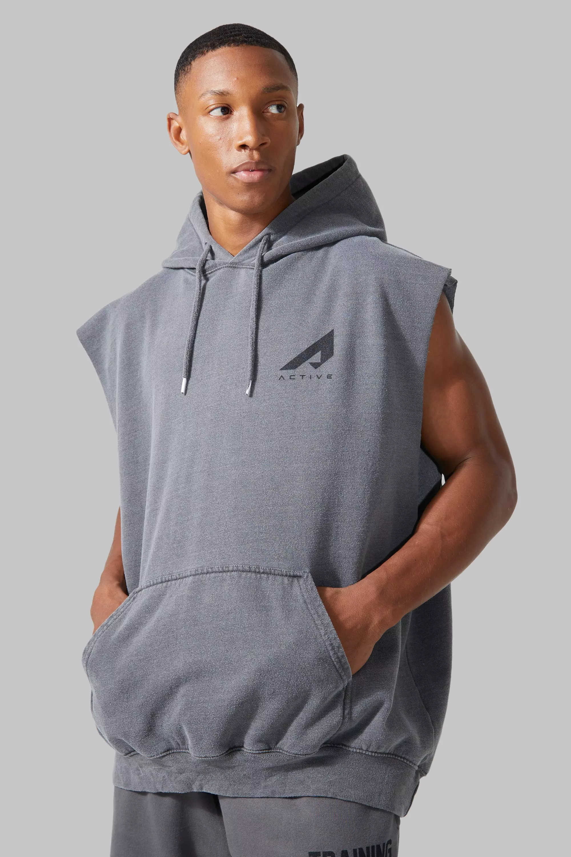 Man Active Oversized Washed Sleeveless Hoodie boohooMAN