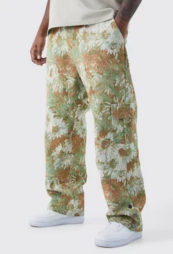 Sage Green Plus Fixed Waist Relaxed Floral Tapestry Popper Hem Pants
