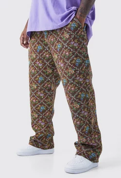 Plus Fixed Waist Floral Tapestry Pants Chocolate