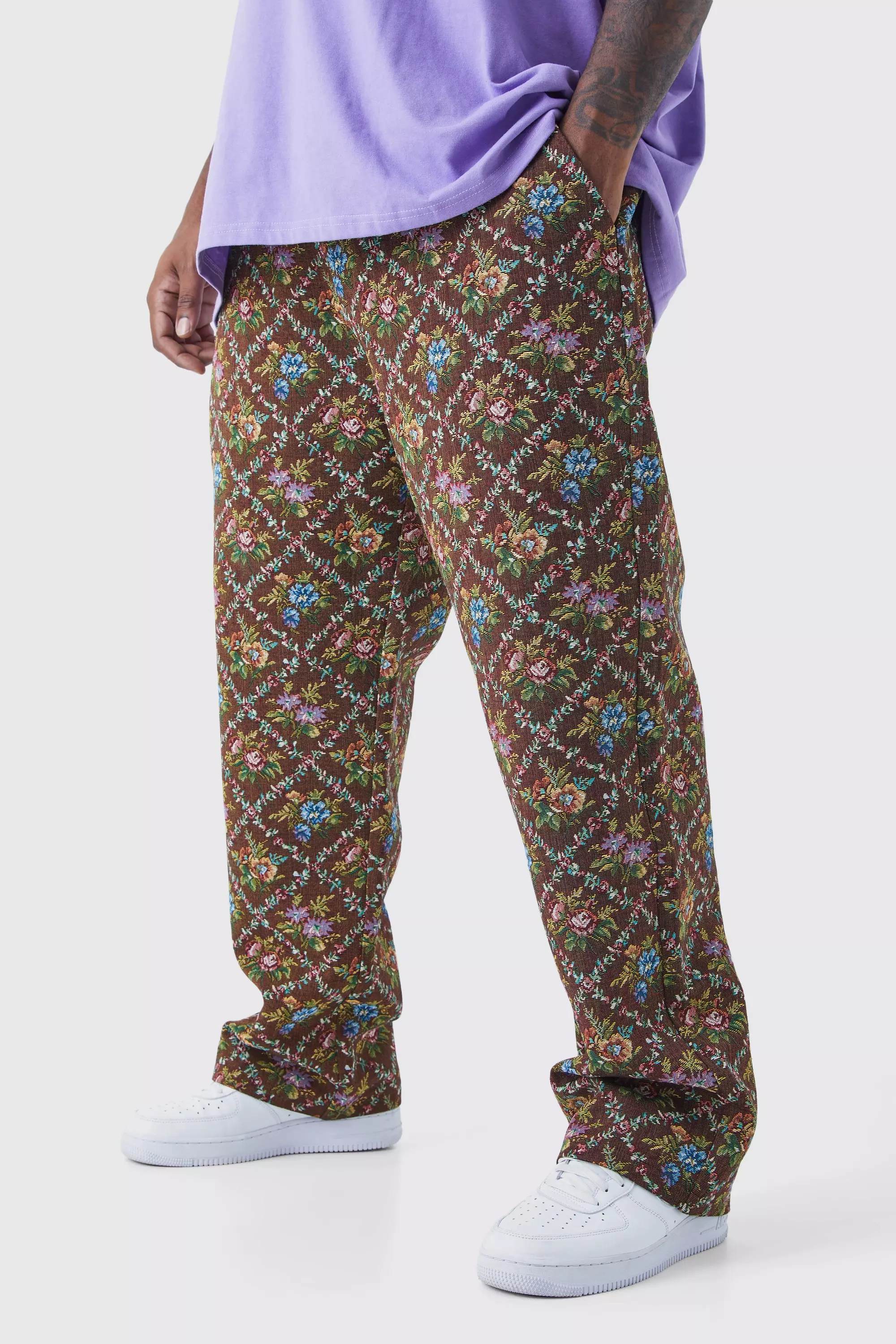 Plus Fixed Waist Floral Tapestry Pants Chocolate