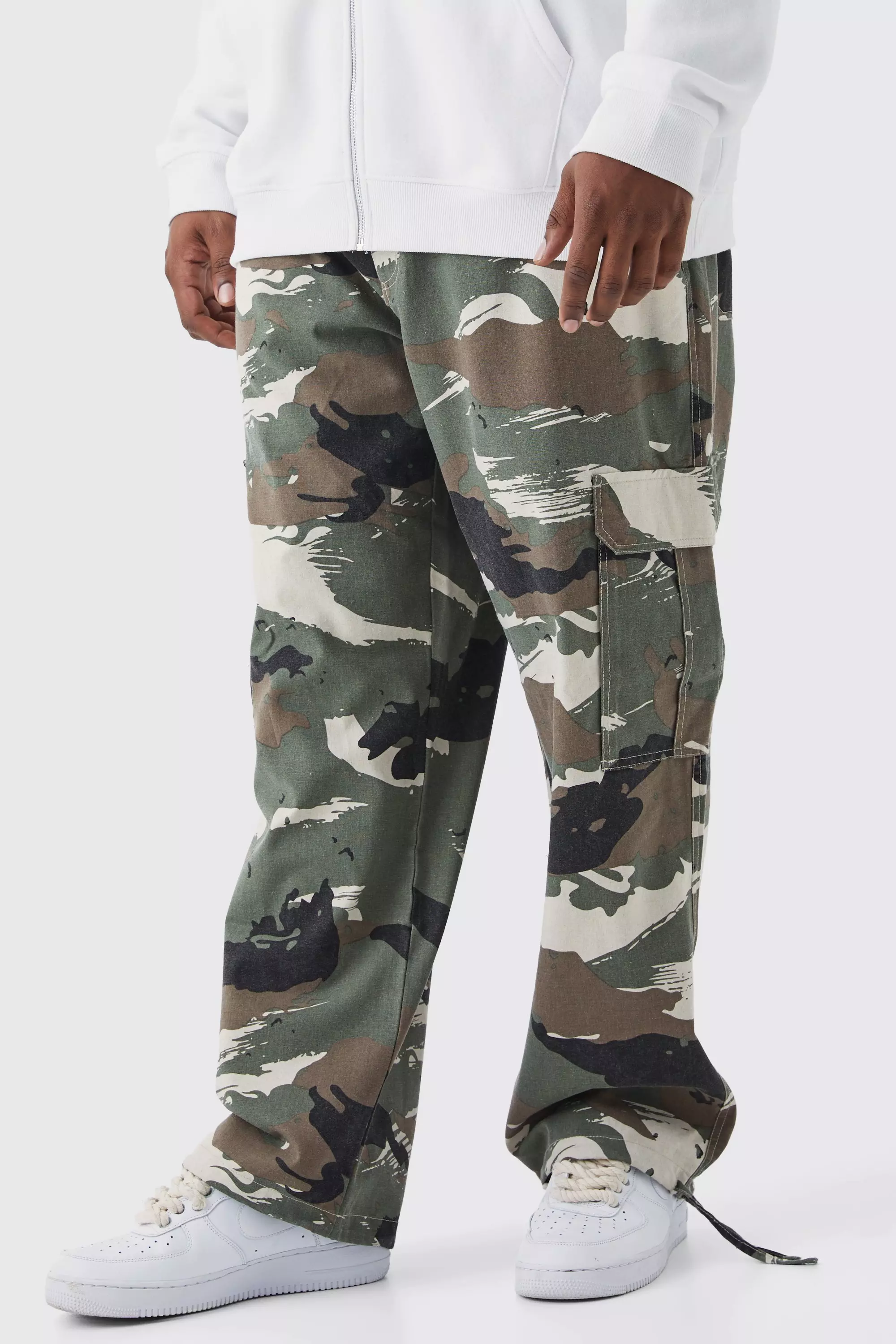 Stone Beige Plus Fixed Waist Relaxed Camo Cargo Pants