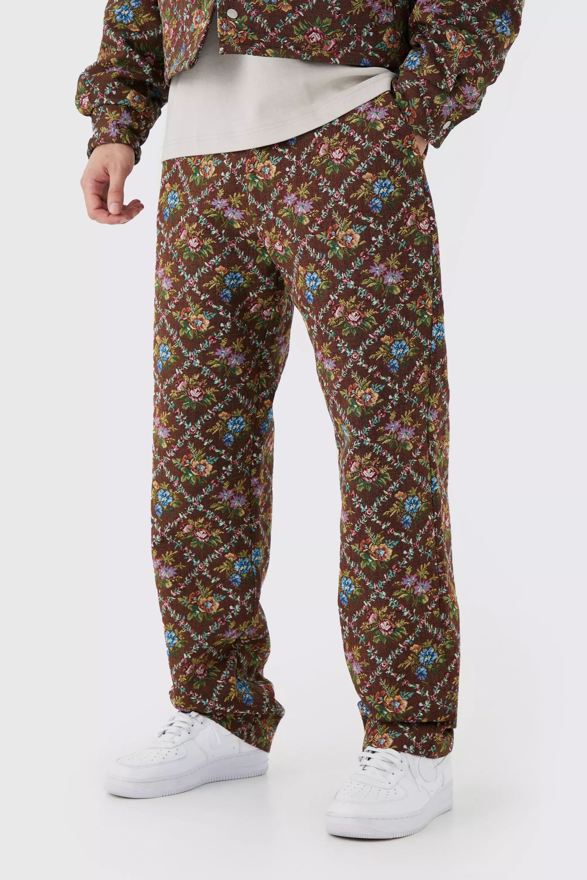 Tall Fixed Waist Floral Tapestry Pants Chocolate