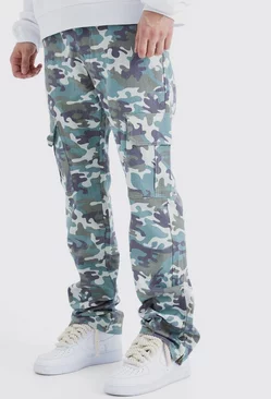 Sand Beige Tall Fixed Waist Slim Flare Washed Camo Gusset Pants