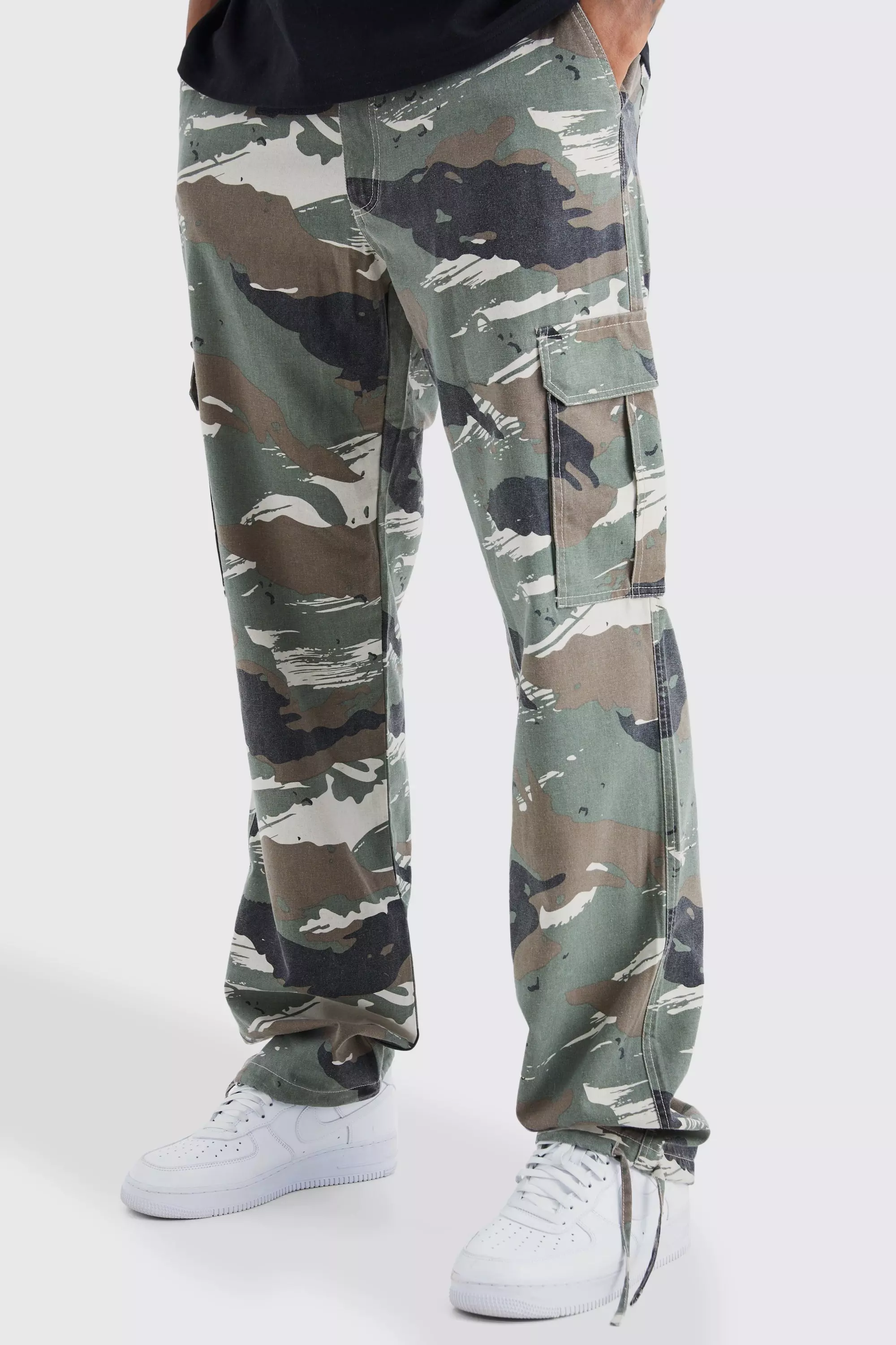 Stone Beige Tall Fixed Waist Relaxed Camo Cargo Pants