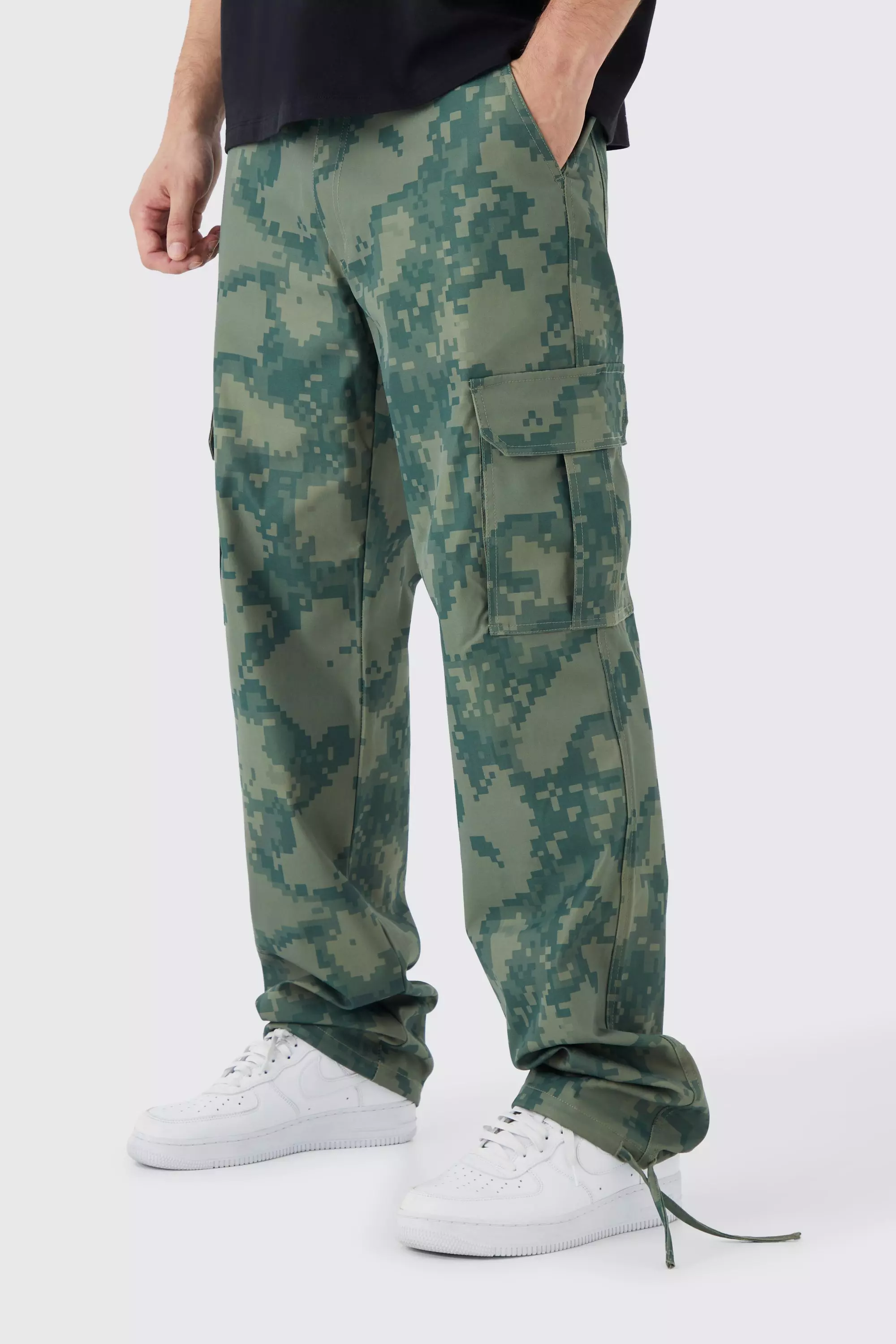 Khaki Tall Baggy Camo Pixel Cargo Broek Met Tailleband alternatieve afbeelding