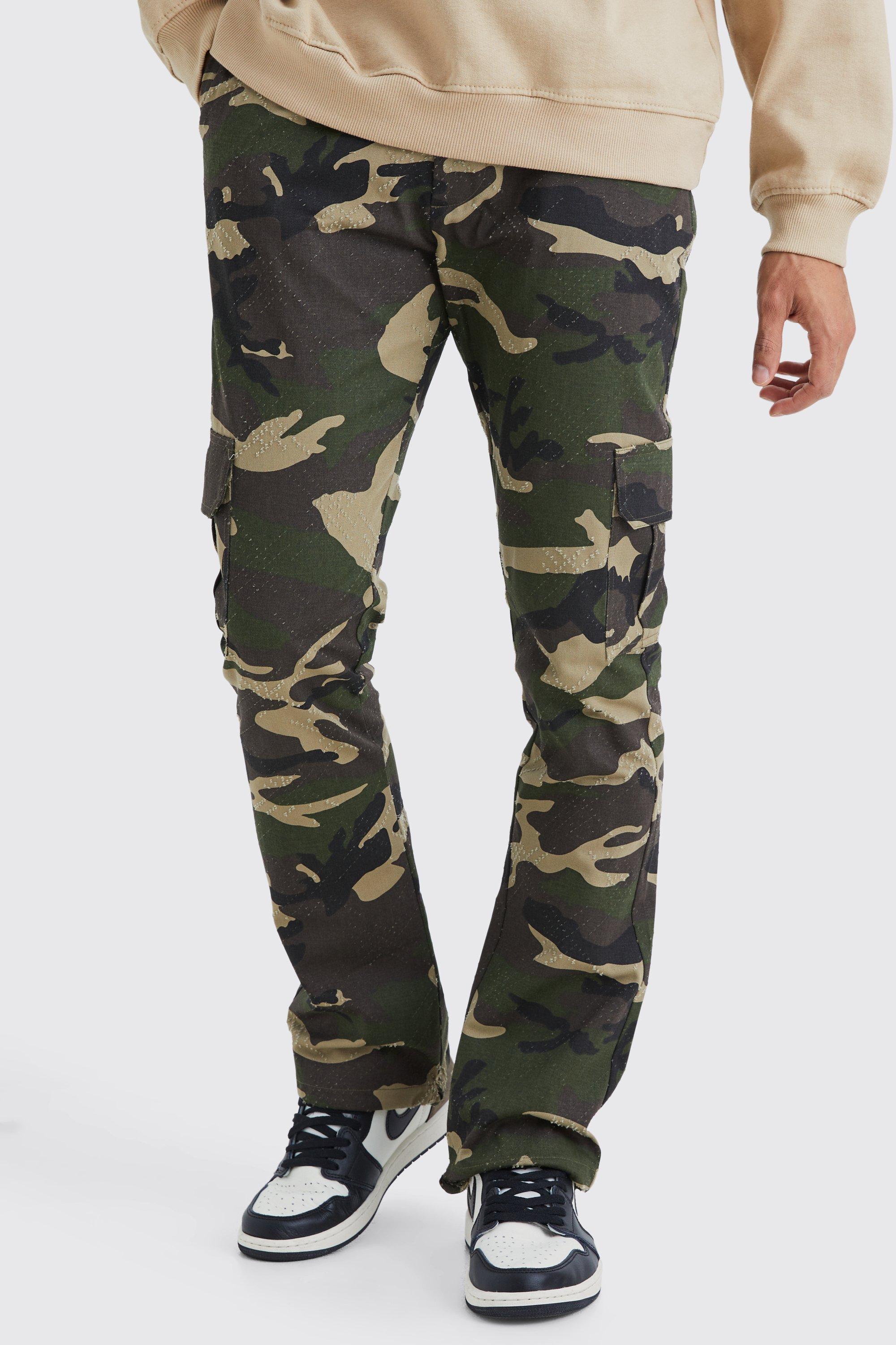 boohooMAN Men's Slim Gusset Flare Camo Cargo Pants