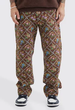 Fixed Waist Floral Tapestry Pants Chocolate