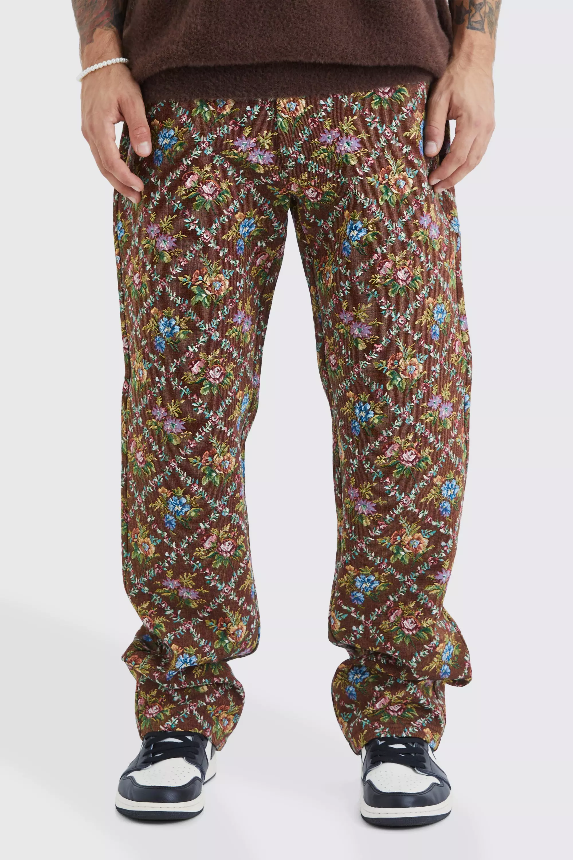 Chocolate Brown Fixed Waist Floral Tapestry Pants
