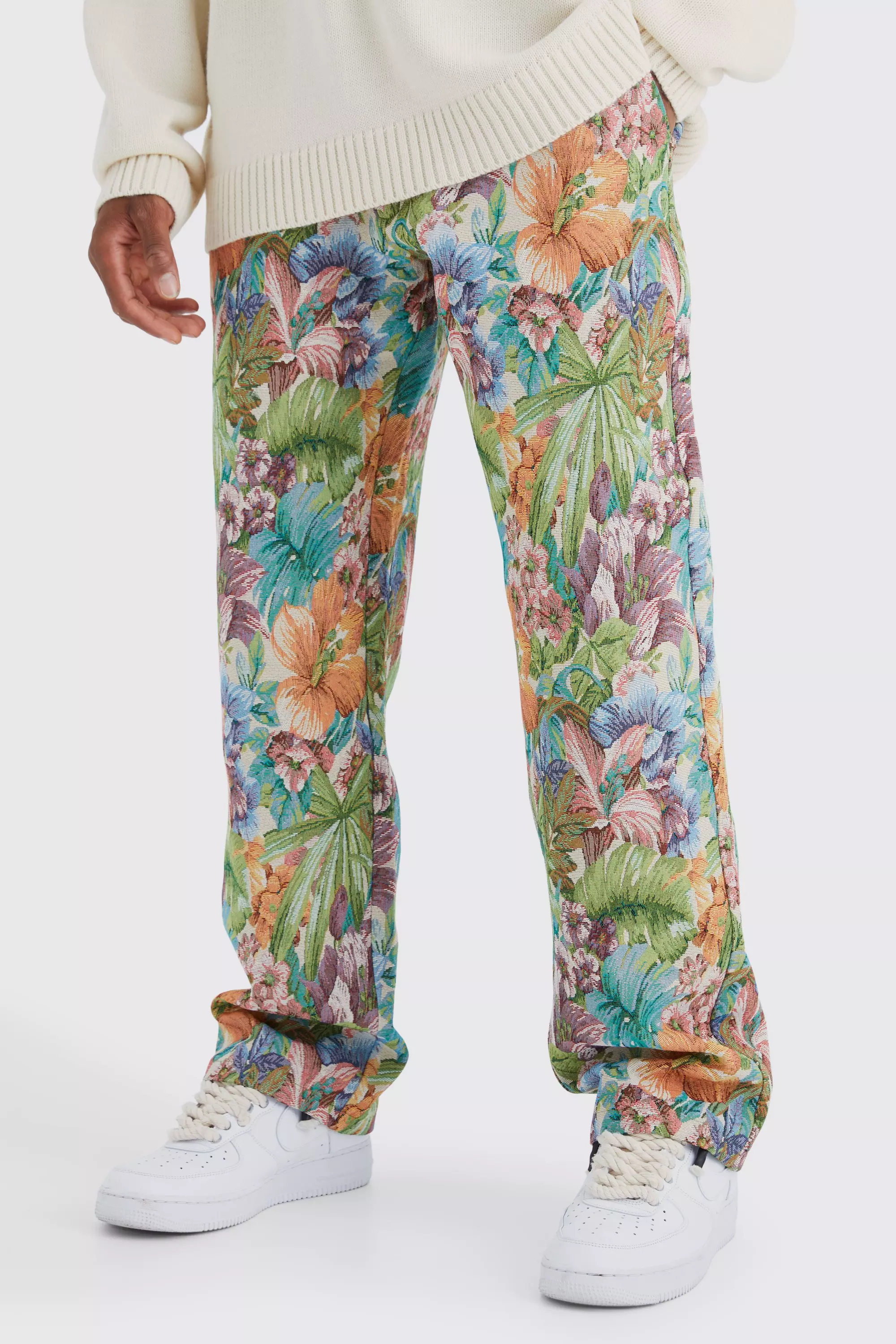 Stone Beige Fixed Waist Floral Tapestry Pants