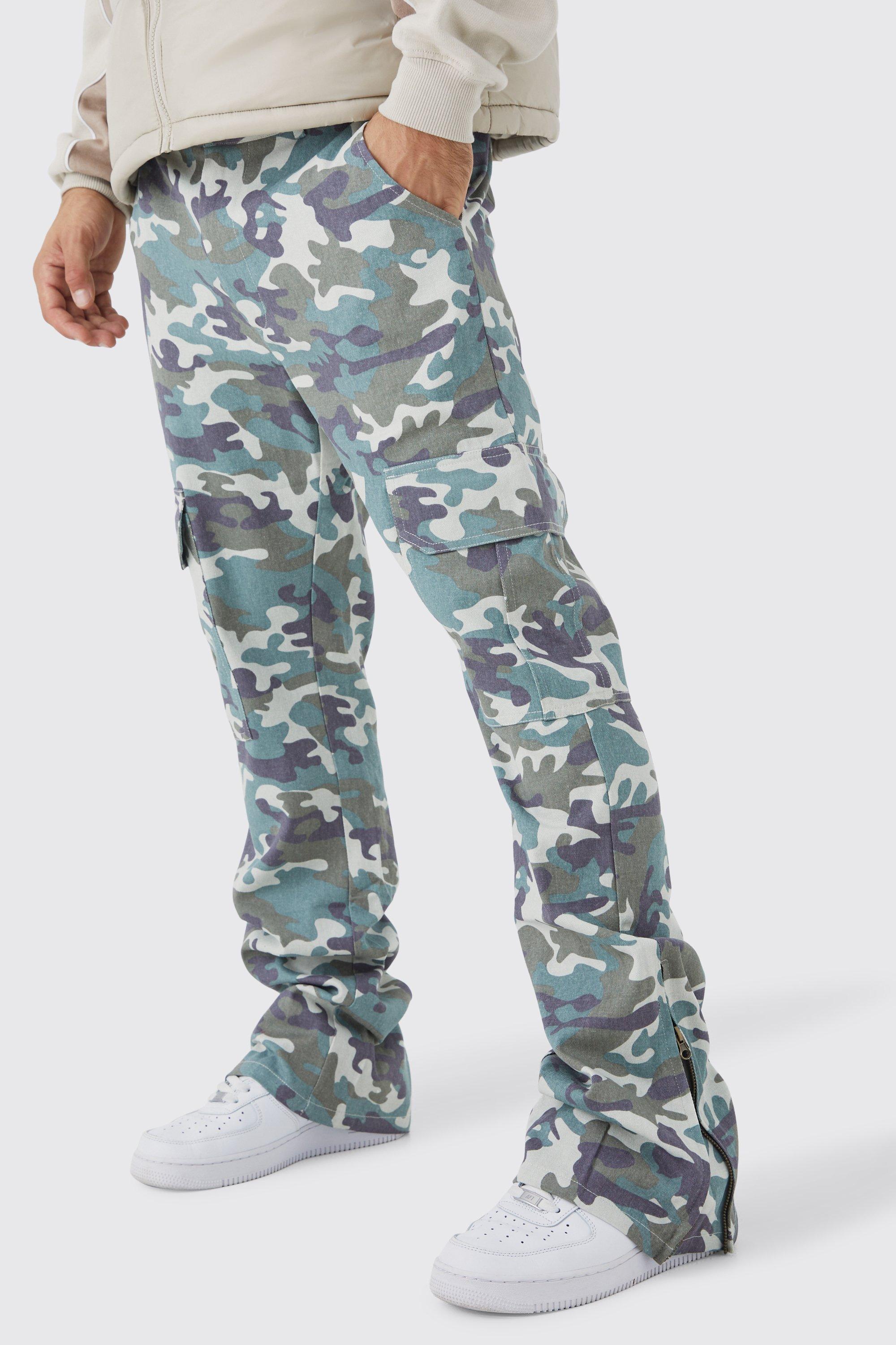 boohooMAN Men's Slim Gusset Flare Camo Cargo Pants