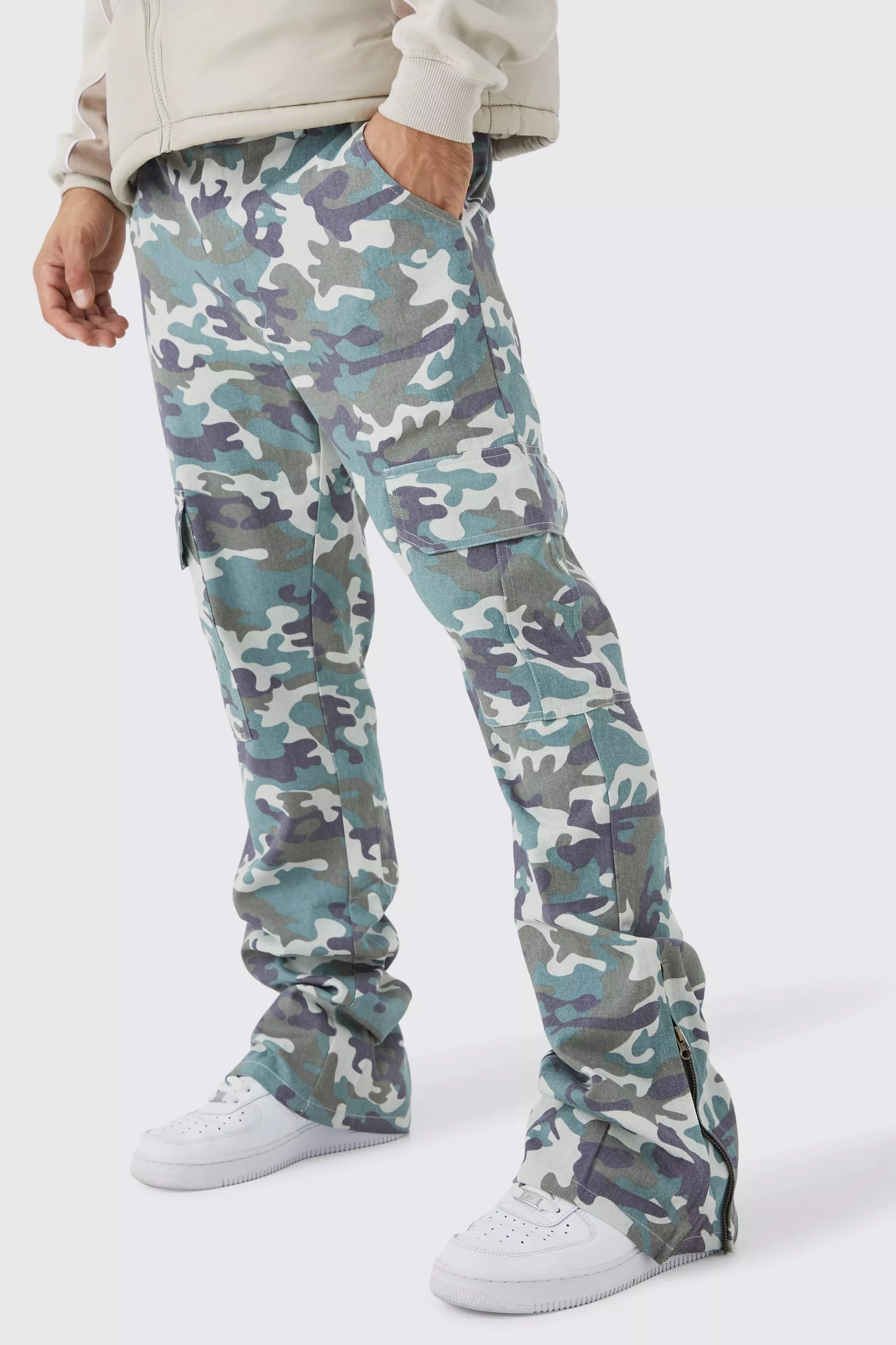 Fixed Waist Slim Flare Washed Camo Gusset Pants Sand