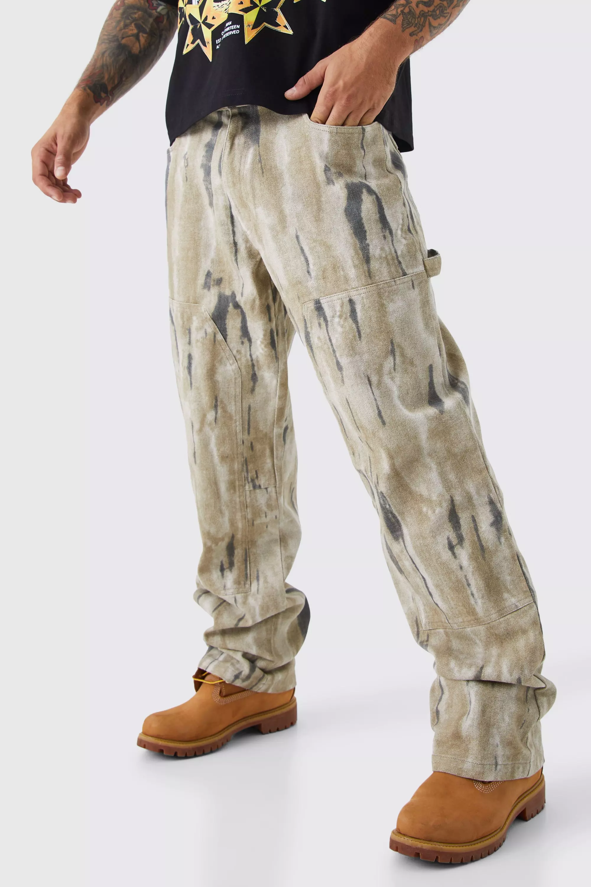 Sand Beige Fixed Waist Relaxed Washed Carpenter Pants