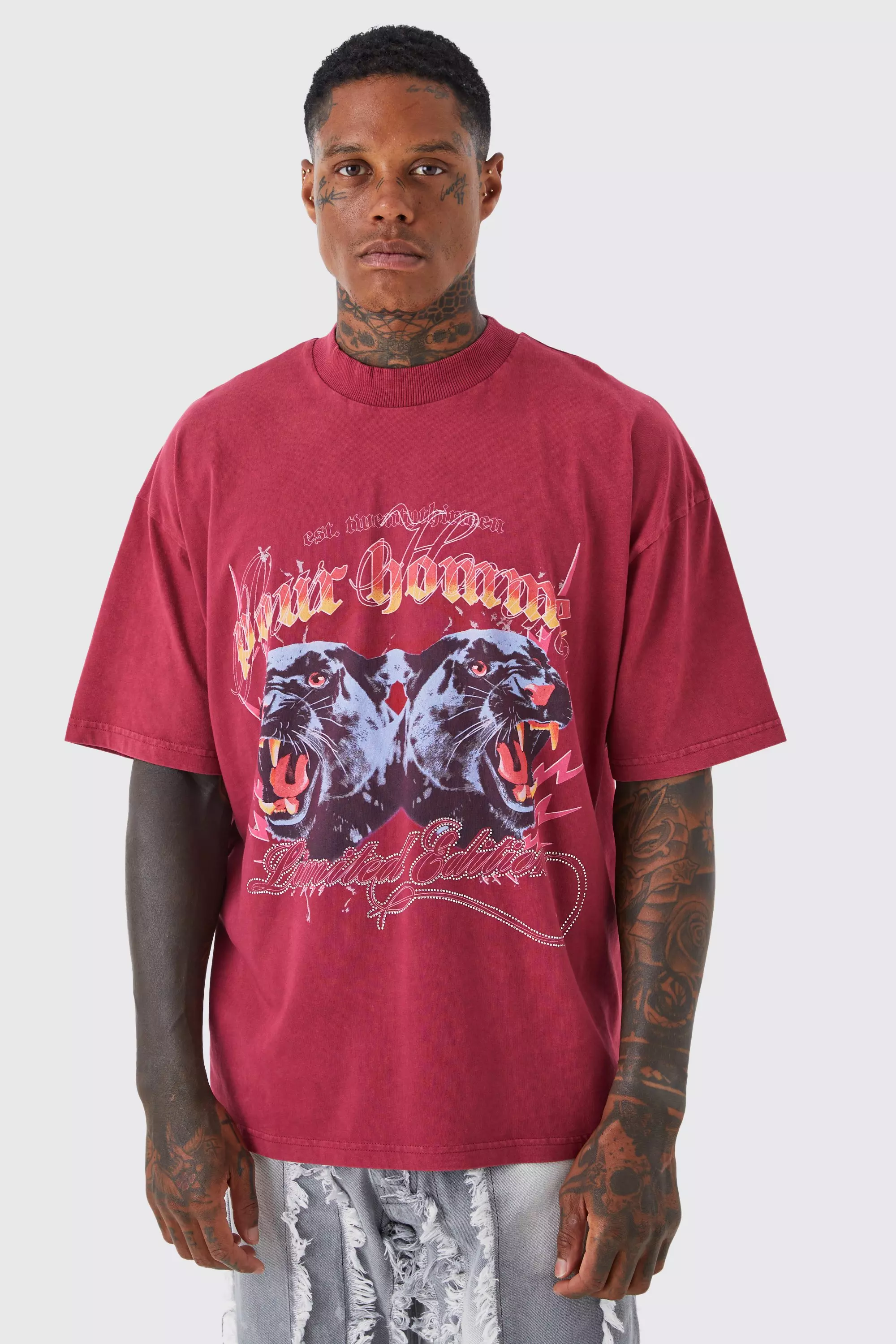Oversized Acid Graphic Rhinestone T-shirt maroon