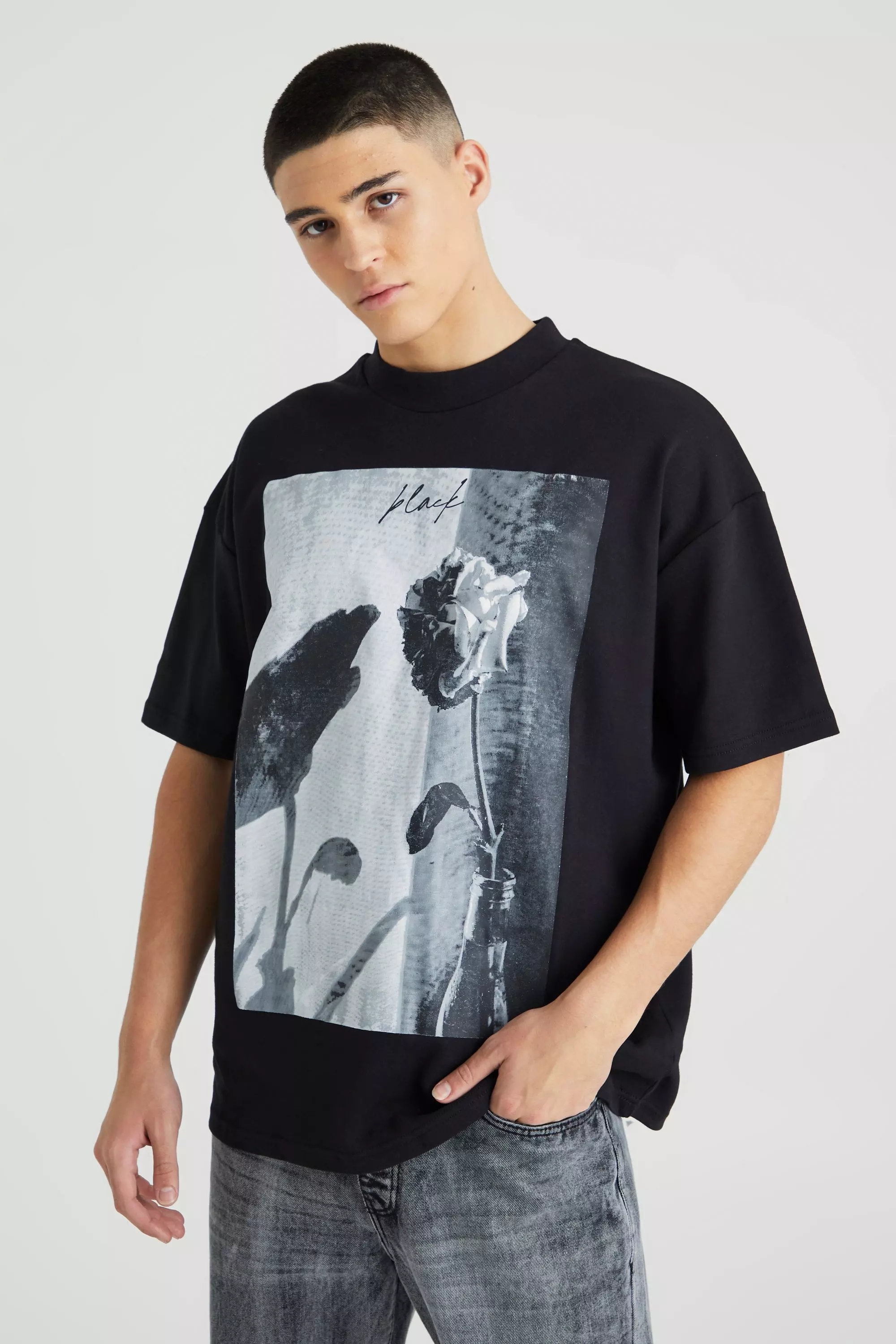 Oversized Heavyweight Interlock Rose Graphic T-shirt Black