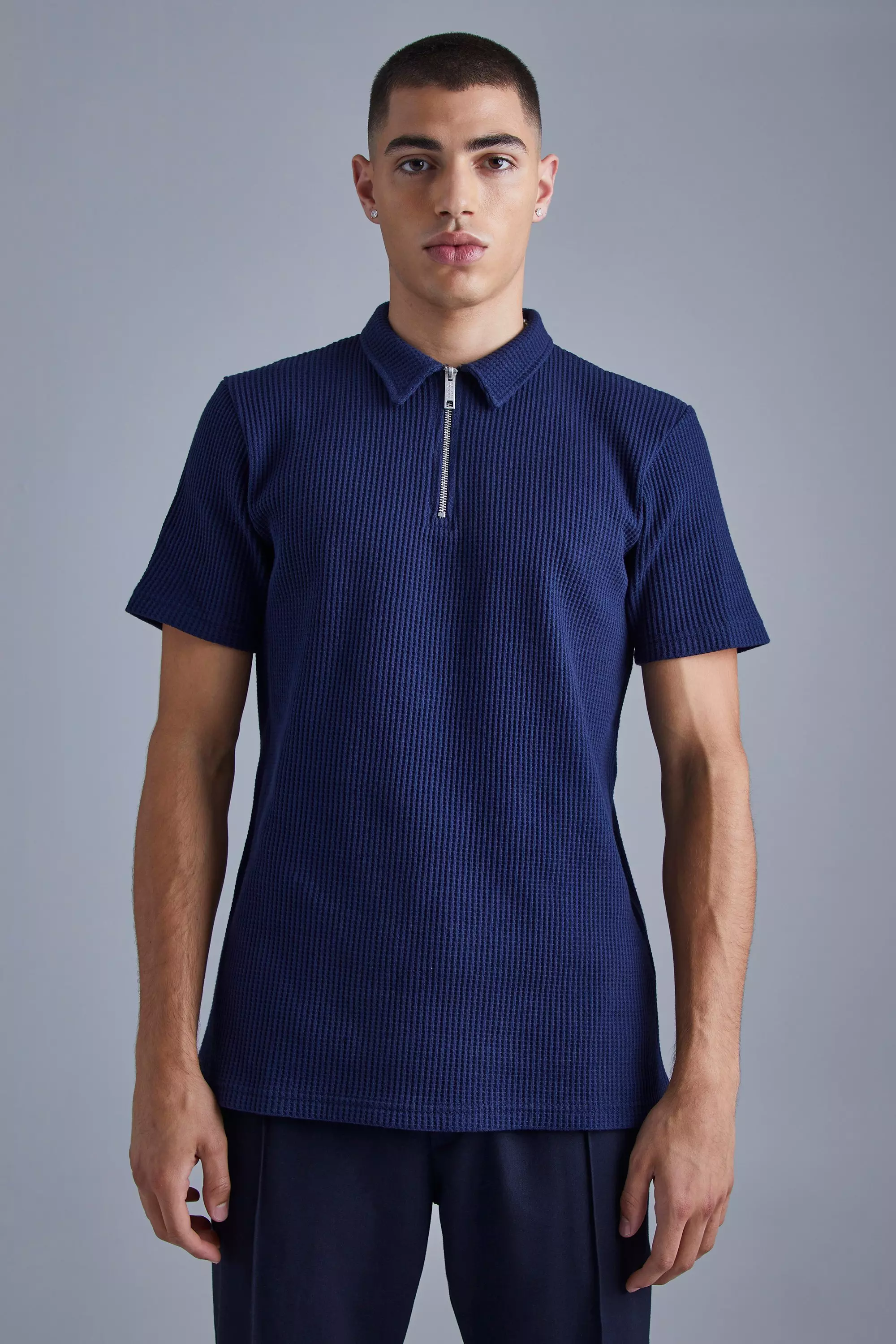 Slim Heavyweight Waffle 1/4 Zip Polo Navy