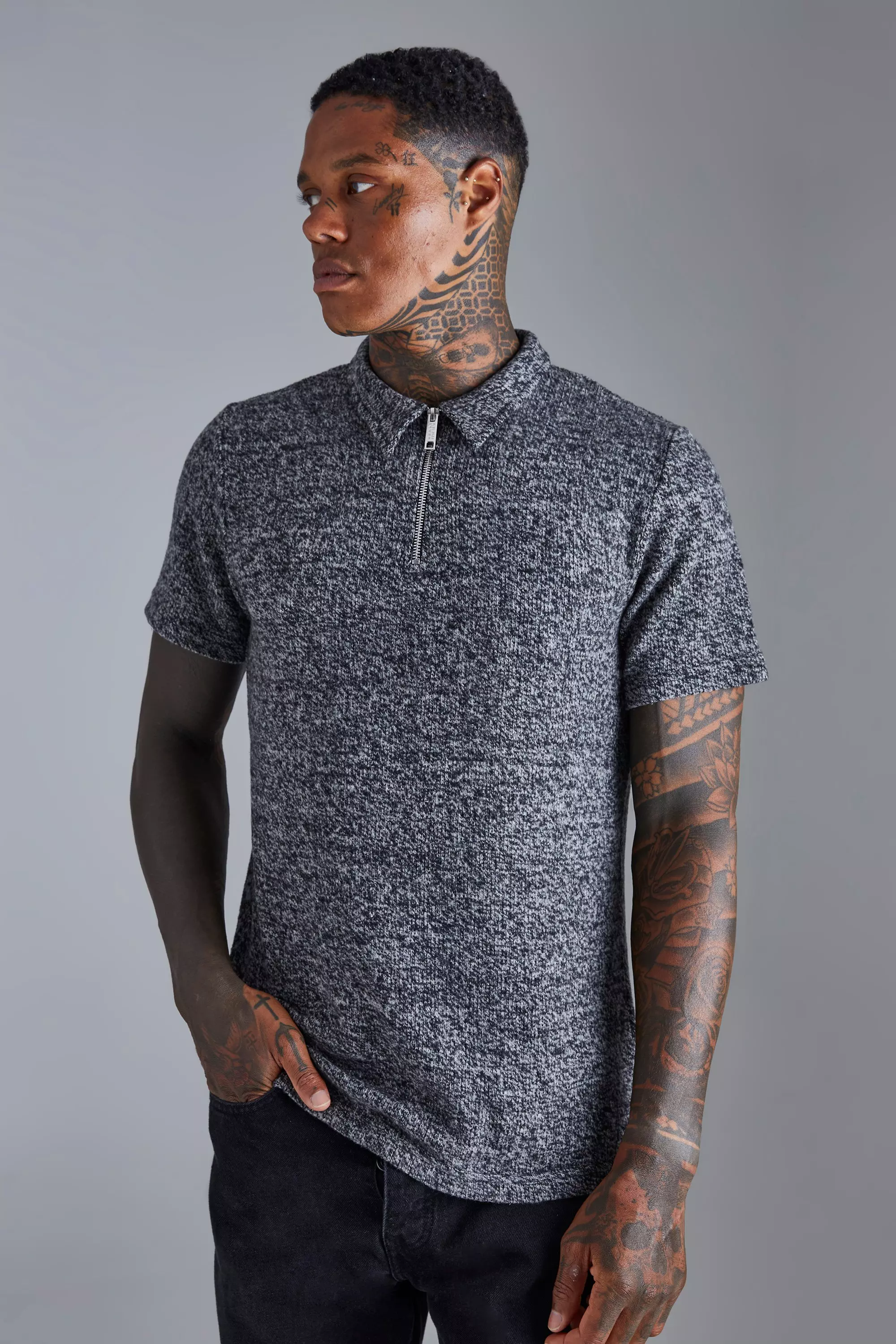 Black Slim Heavyweight 1/4 Zip Textured Polo