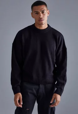 Black Boxy Brushed Extended Neck Knitted Sweater