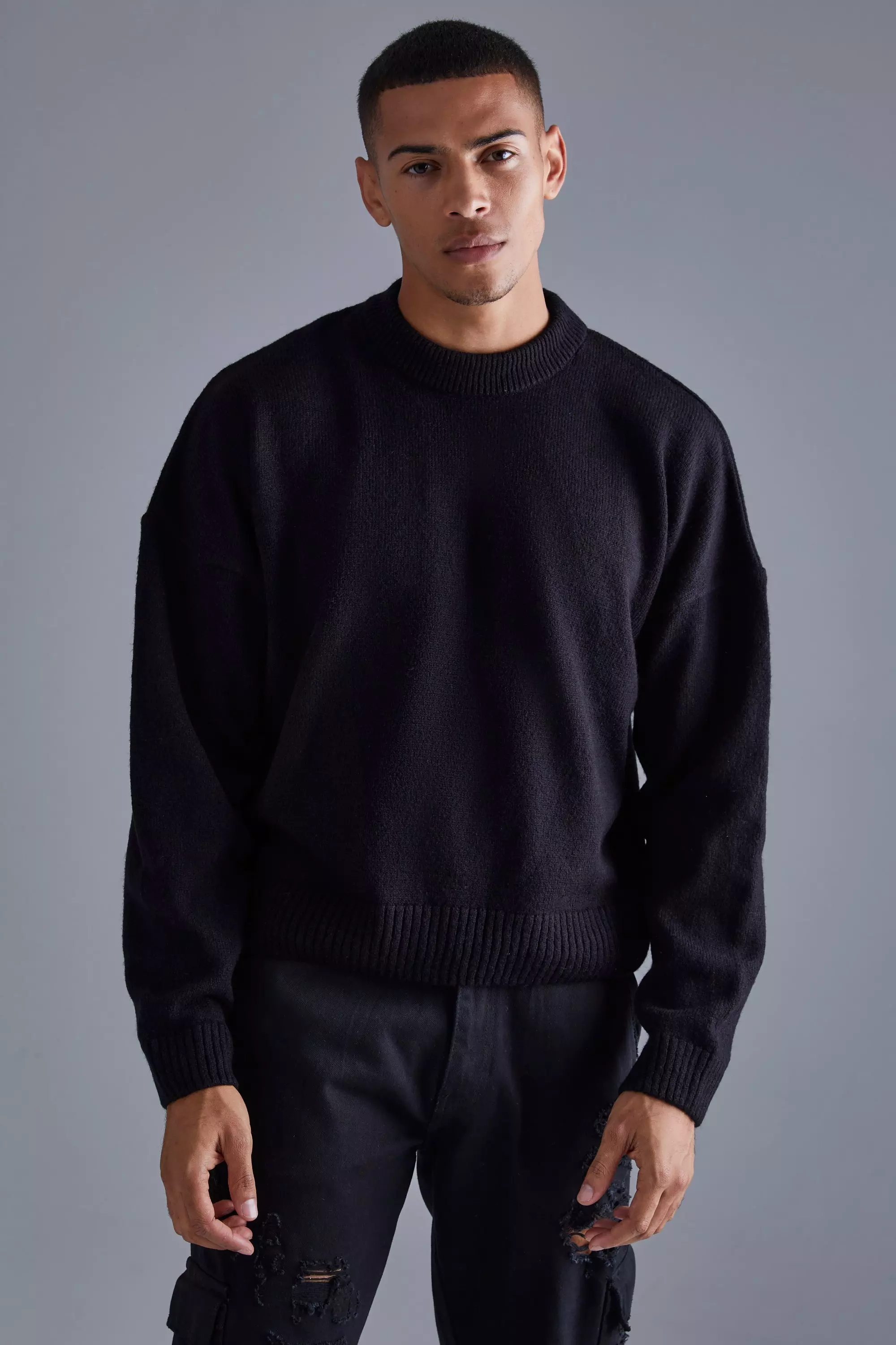 Boxy Brushed Extended Neck Knitted Sweater Black