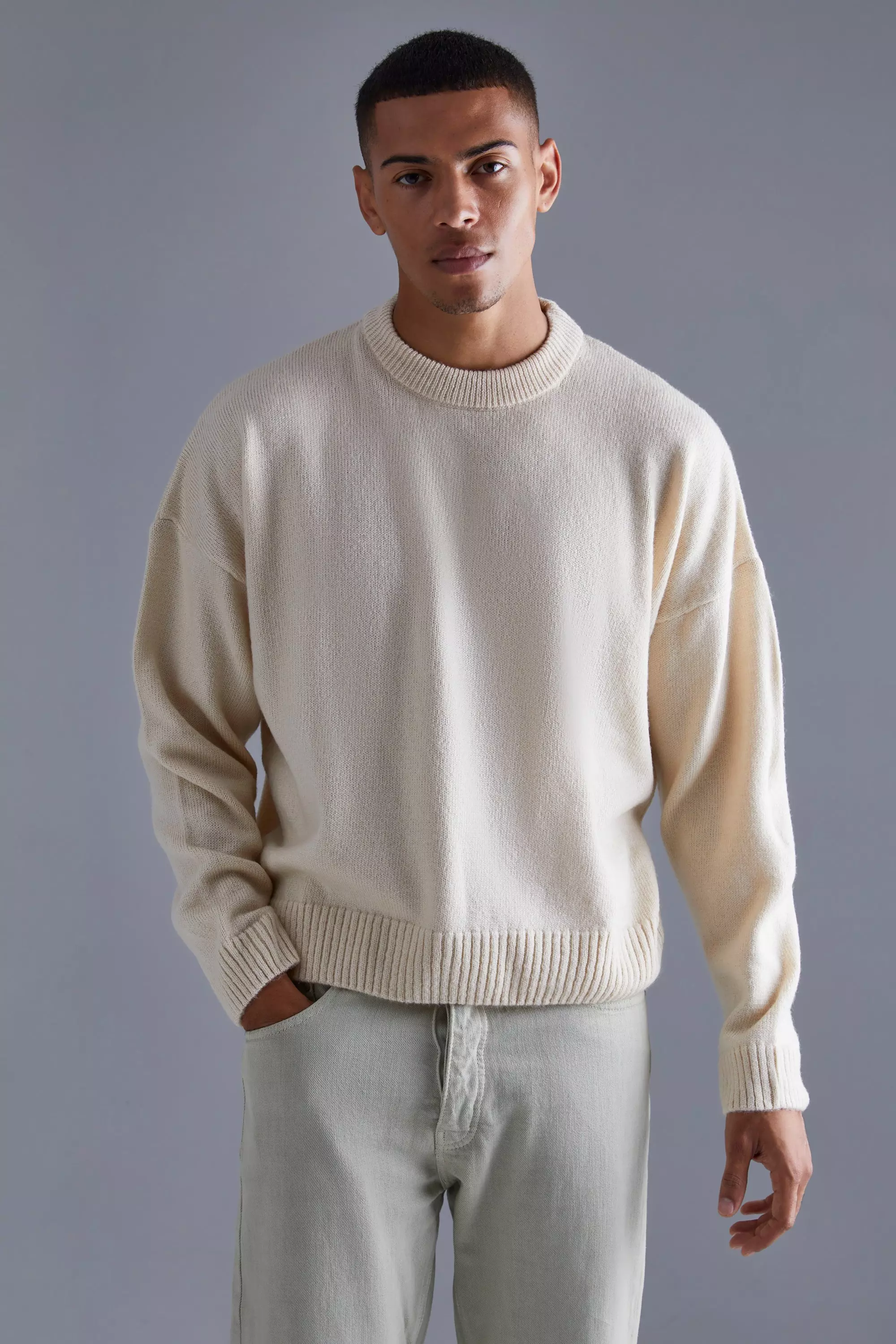 Ecru Boxy Brushed Extended Neck Knitted Sweater alternative image