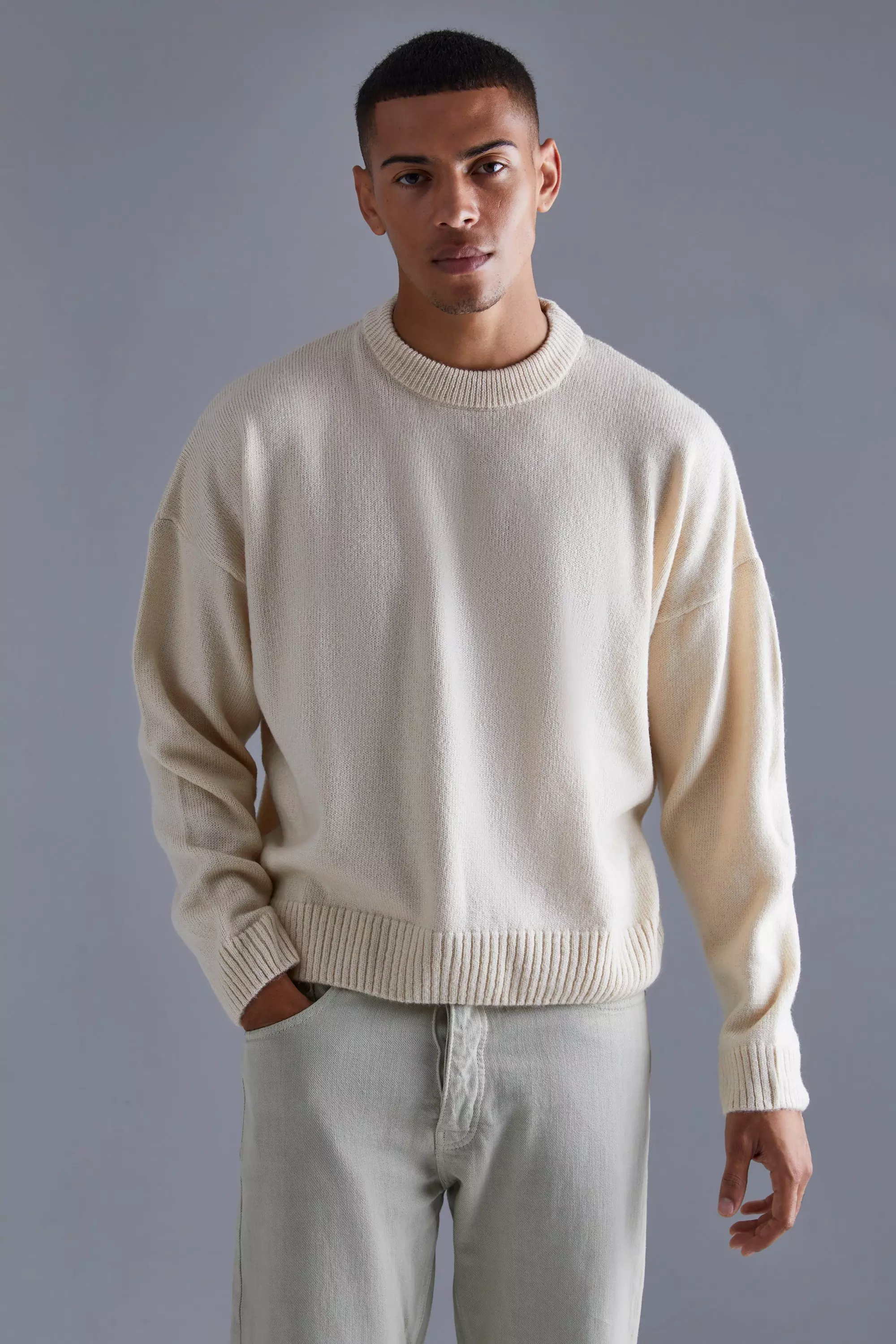 Boxy Brushed Extended Neck Knitted Sweater Ecru