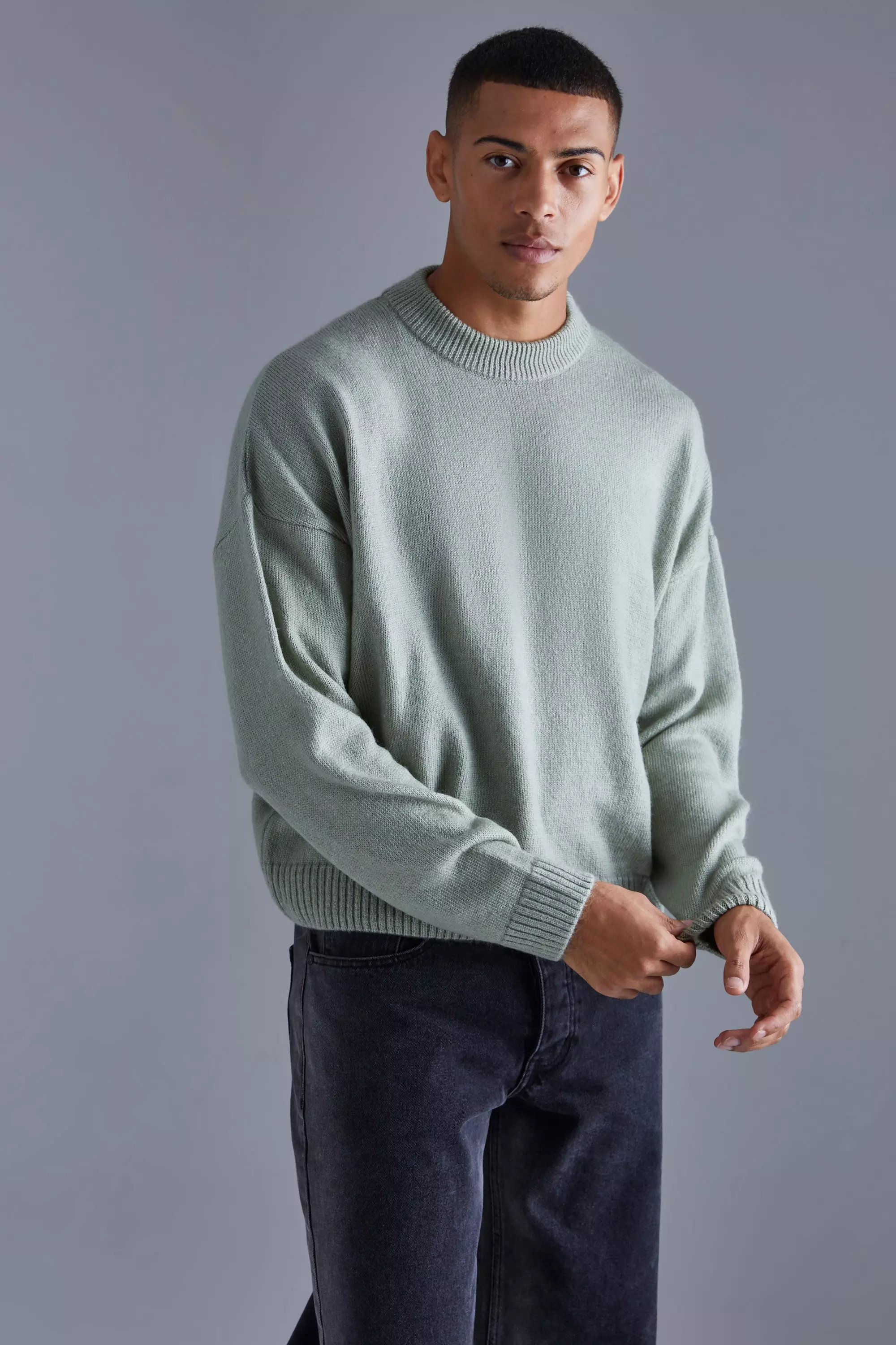 Sage Green Boxy Brushed Extended Neck Knitted Sweater