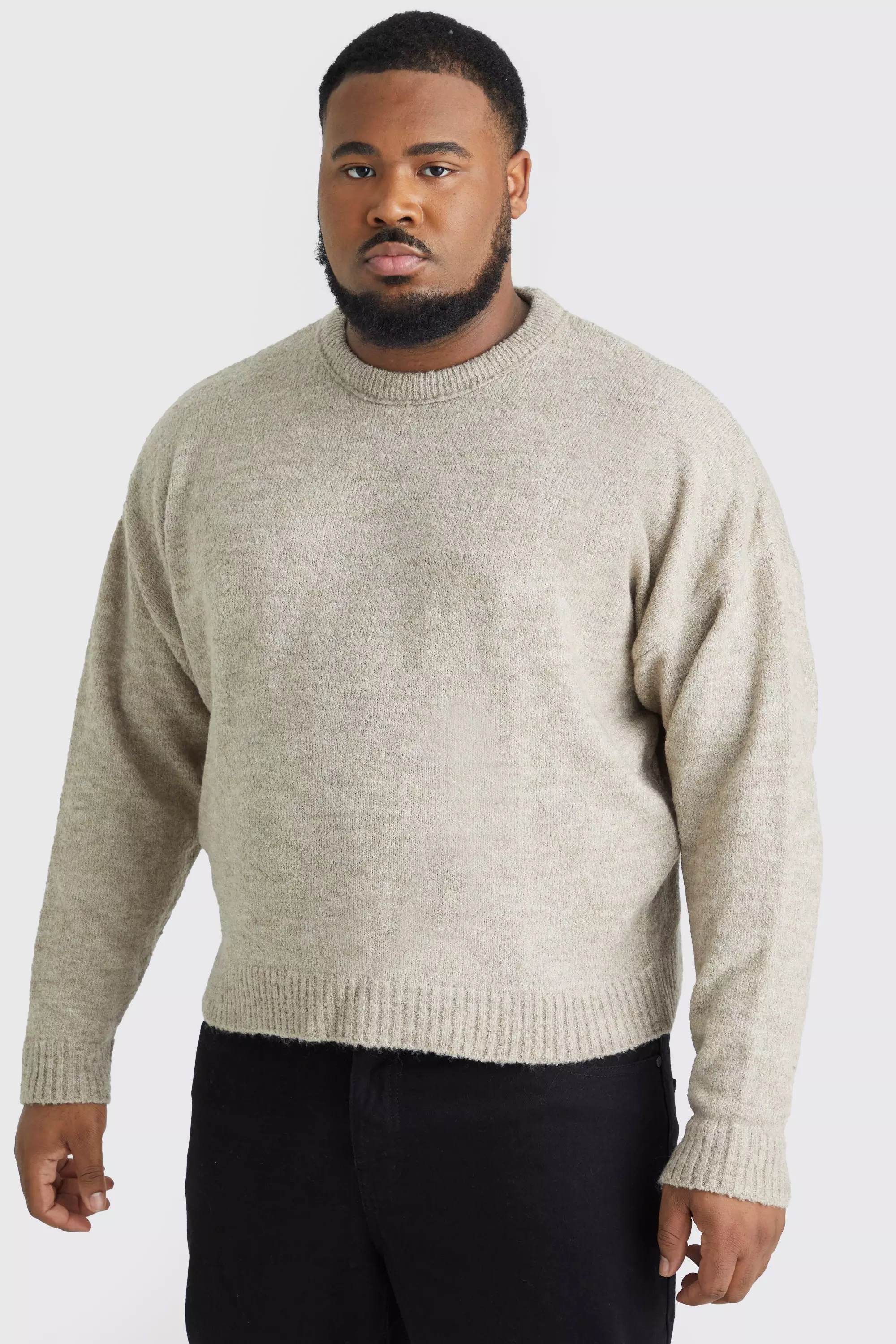Plus Boxy Boucle Knit Extended Neck Sweater Stone