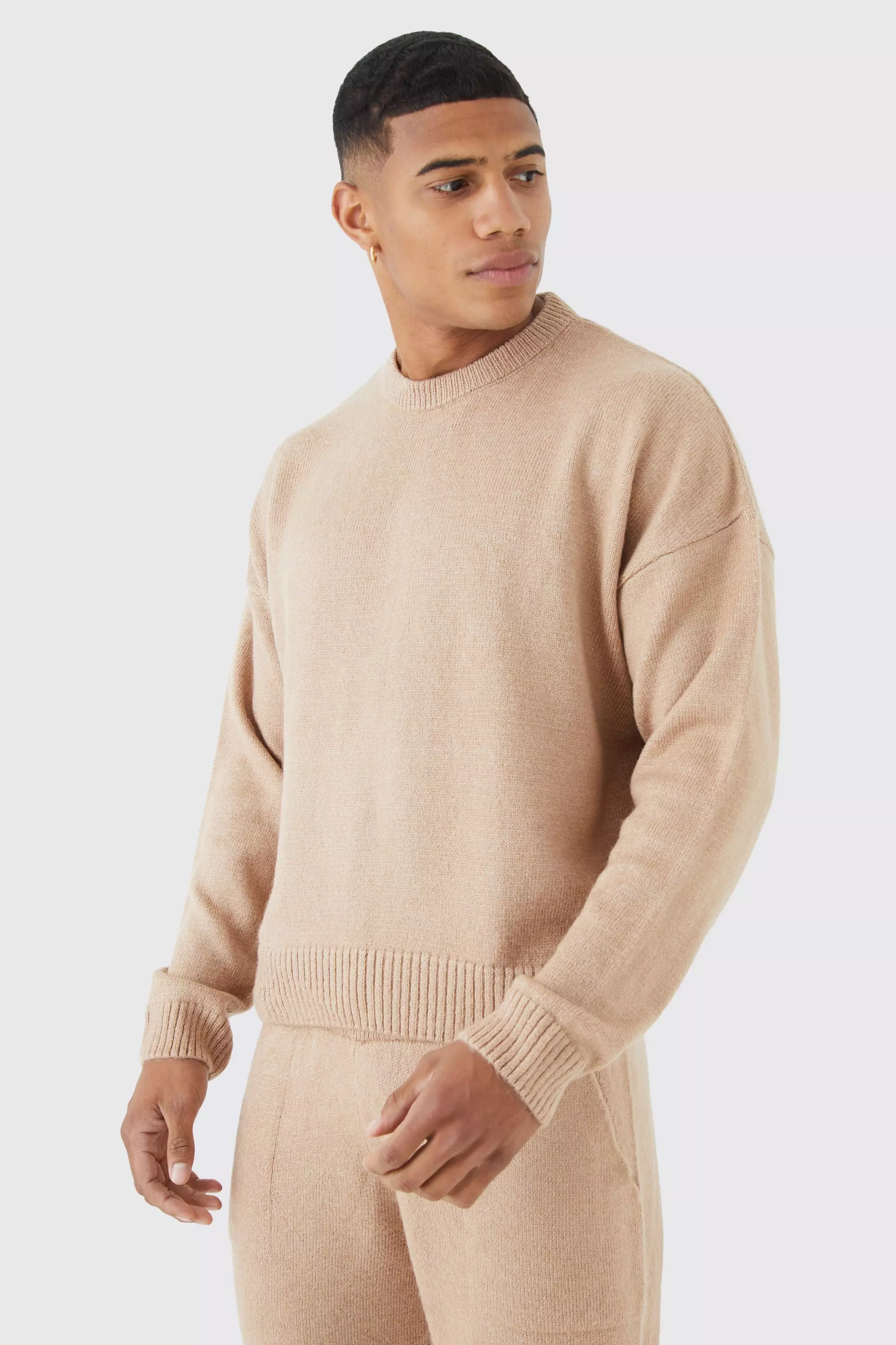 Taupe Beige Boxy Brushed Knitted Sweater