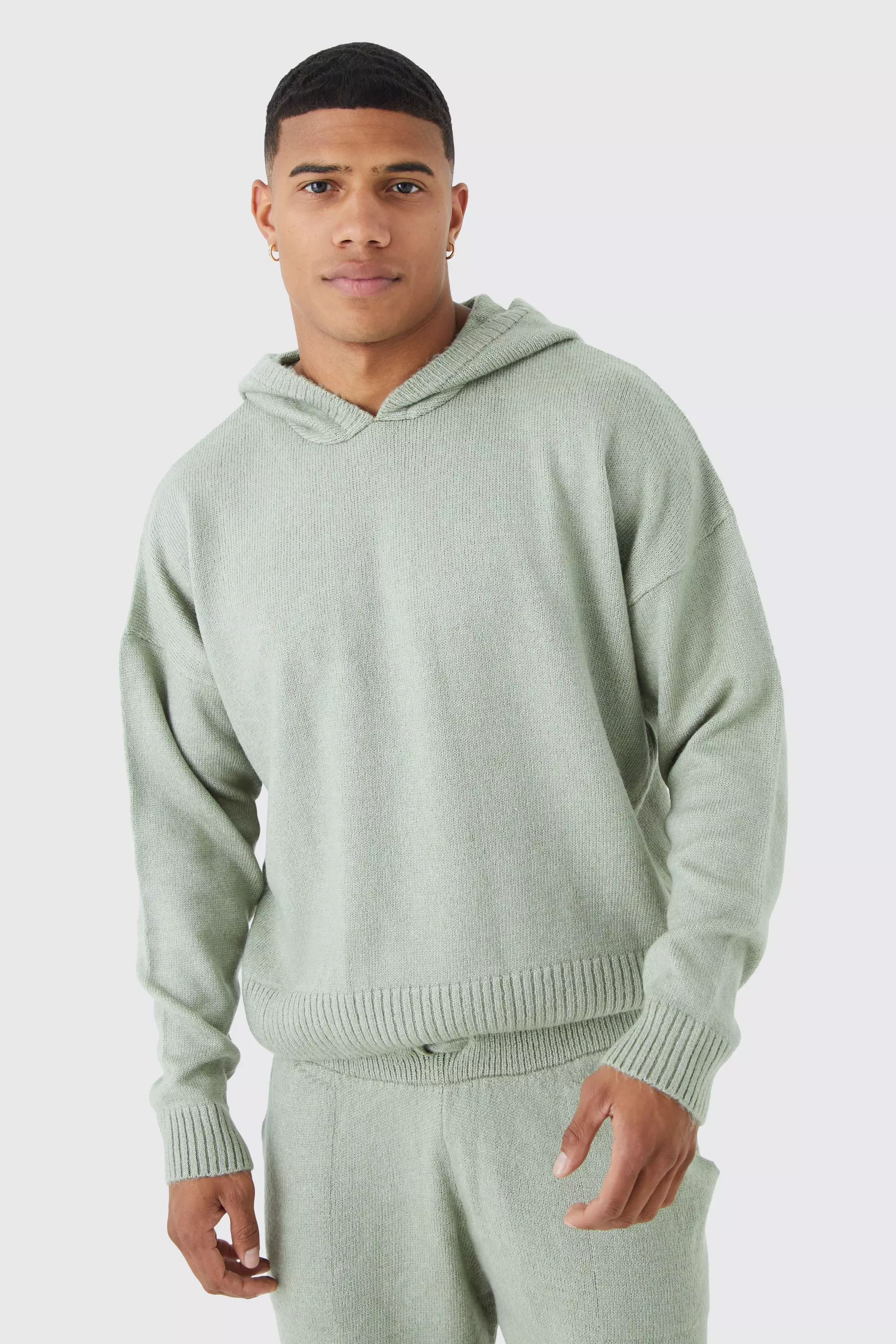 Sage Green Boxy Brushed Knitted Hoodie