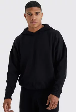 Boxy Brushed Knitted Hoodie Black