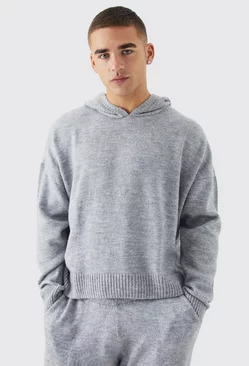 Grey Boxy Brushed Knitted Hoodie
