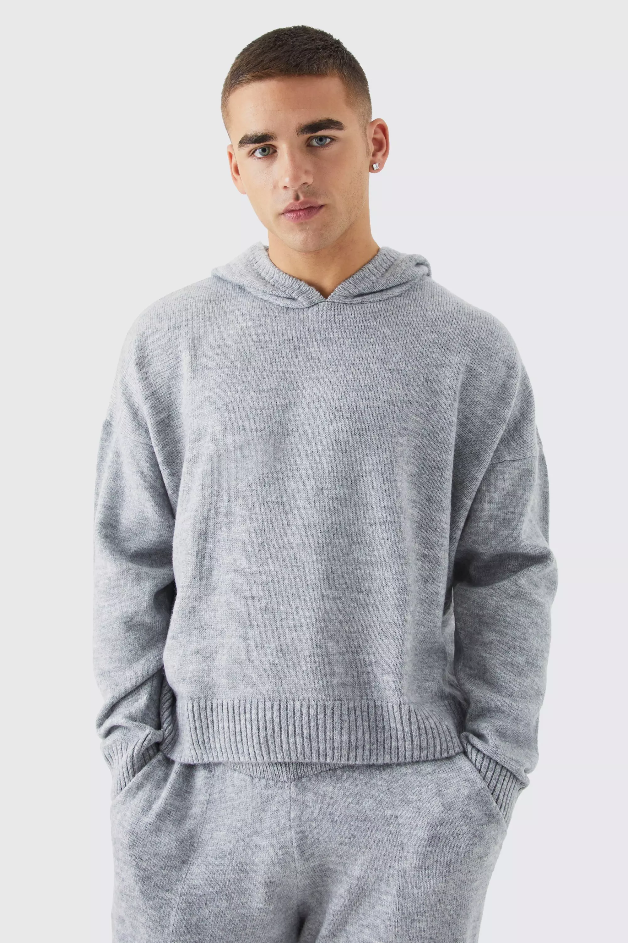 Boxy Brushed Knitted Hoodie Grey marl