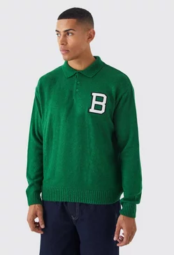 Boxy Knitted Varsity Polo With B Badge Green