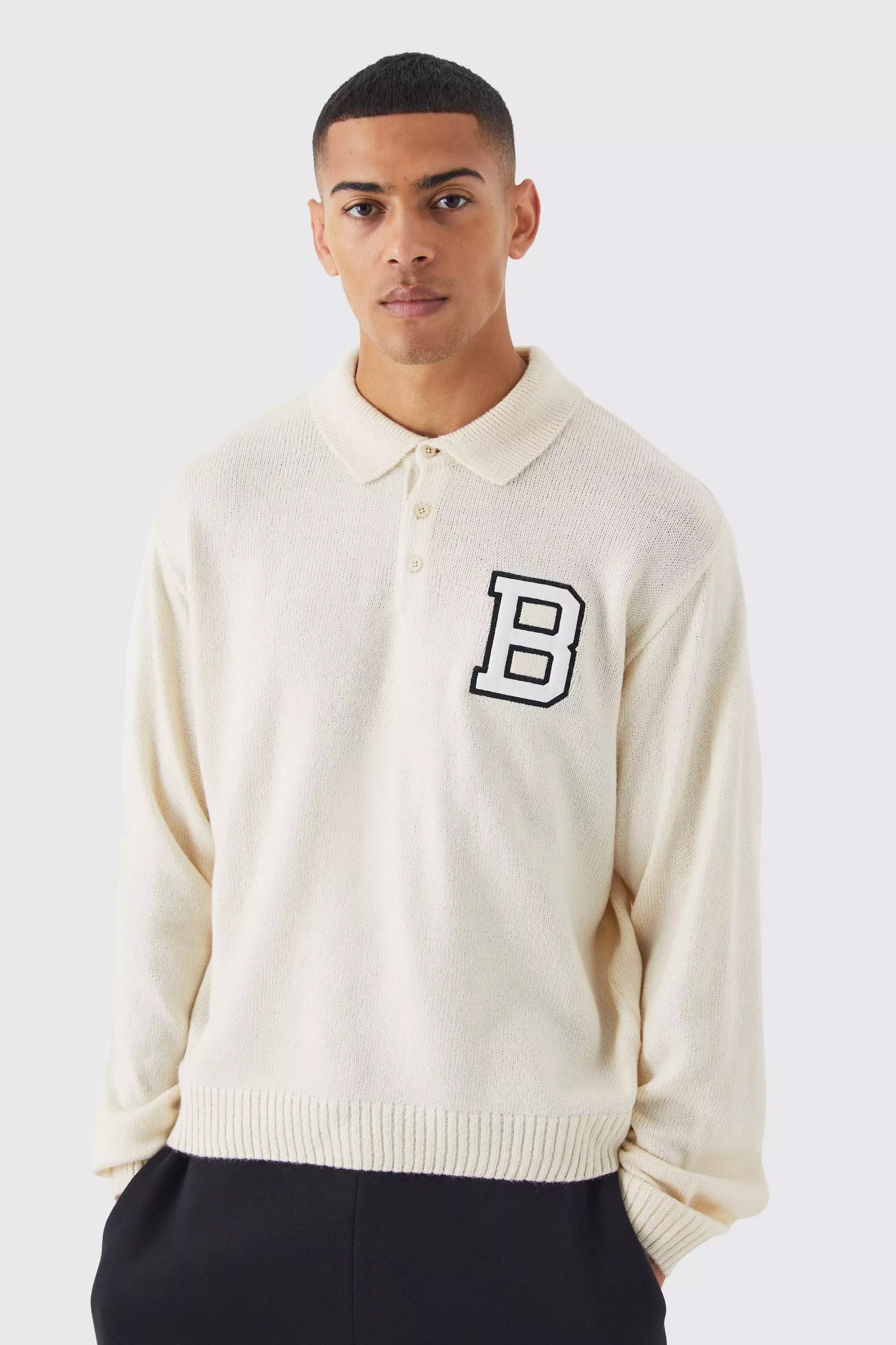 Boxy Knitted Varsity Polo With B Badge Ecru