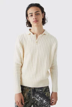 Boxy Long Sleeve Cable Knitted Polo Ecru