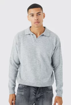 Grey Boxy Long Sleeve Knitted Revere Polo
