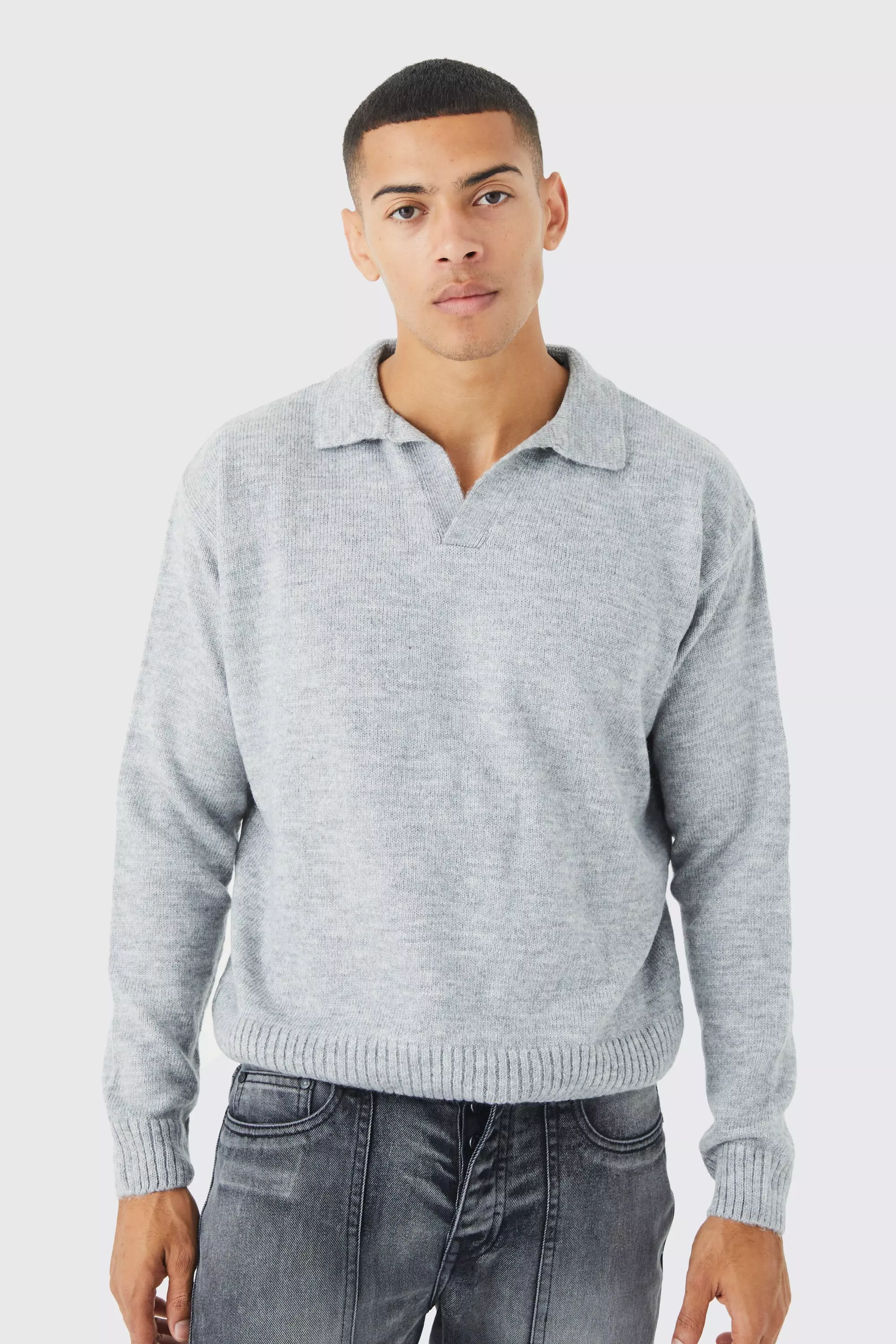 Boxy Long Sleeve Knitted Revere Polo Grey marl