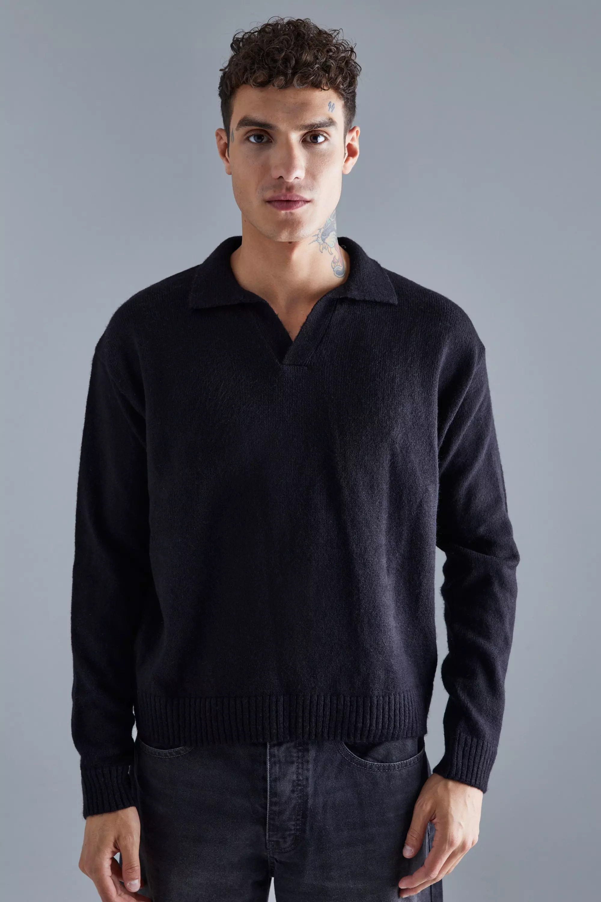 Boxy Long Sleeve Knitted Revere Polo Black