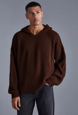Boxy Knitted Ribbed Hoodie Chocolate