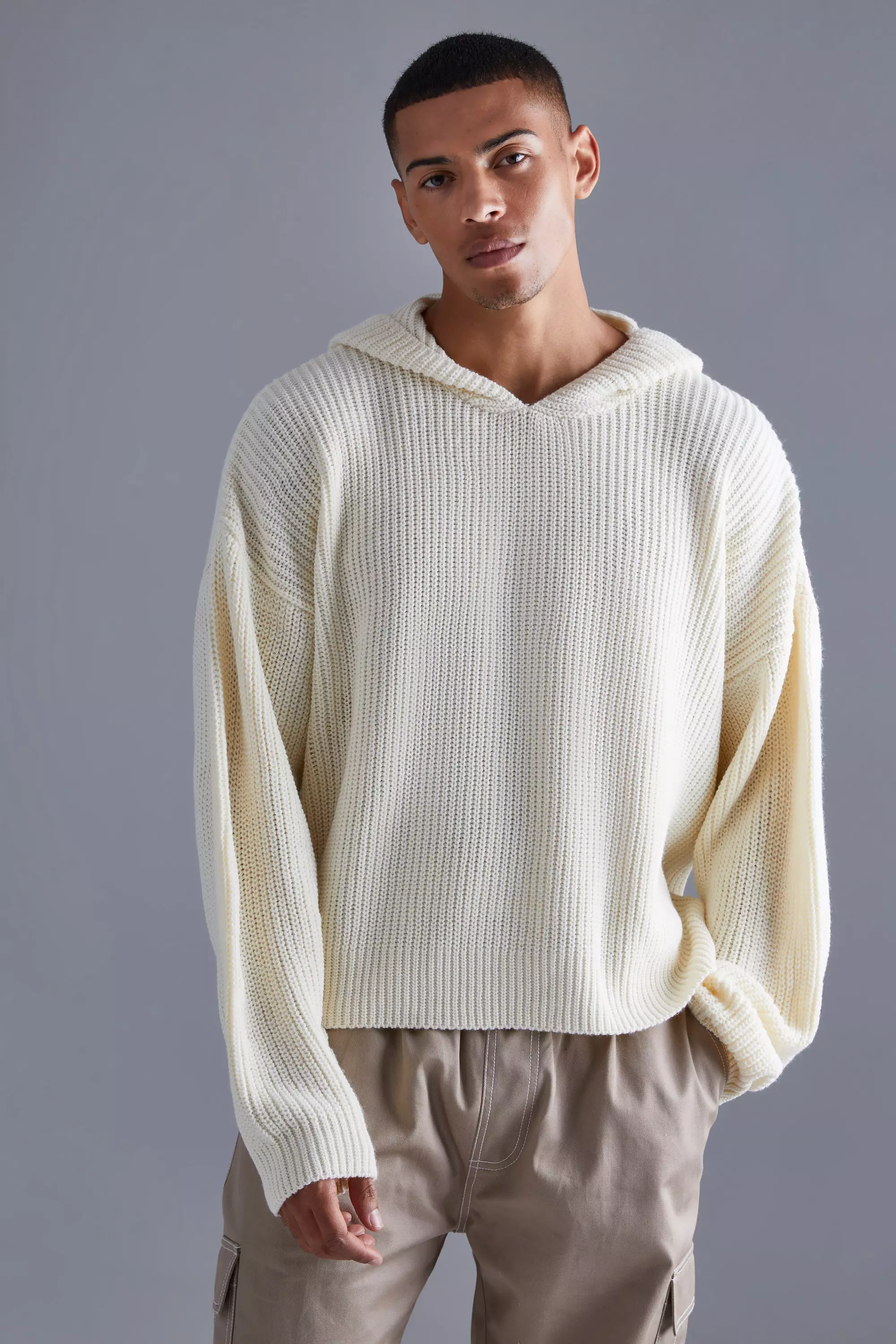 Boxy Knitted Ribbed Hoodie Ecru