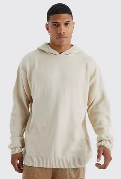 Stone Beige Oversized Brushed Knitted Hoodie