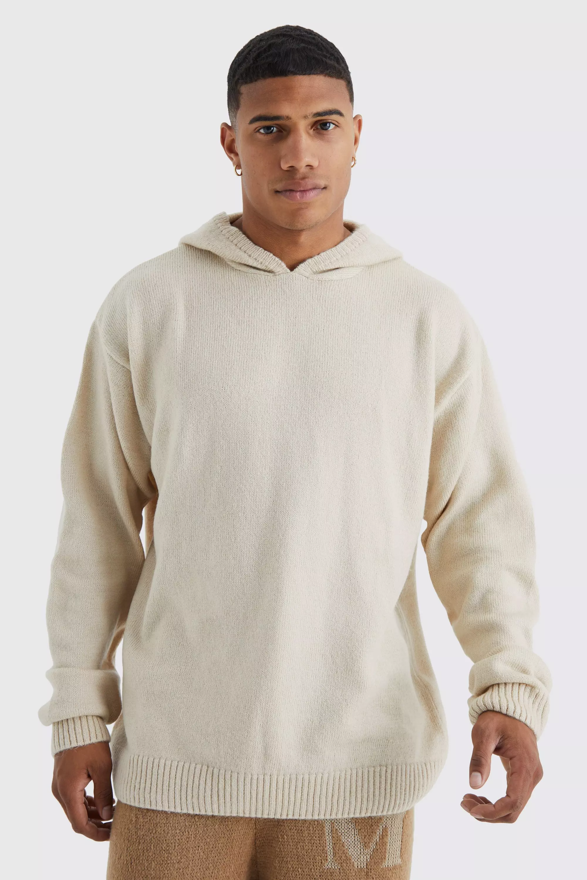 Stone Beige Oversized Brushed Knitted Hoodie