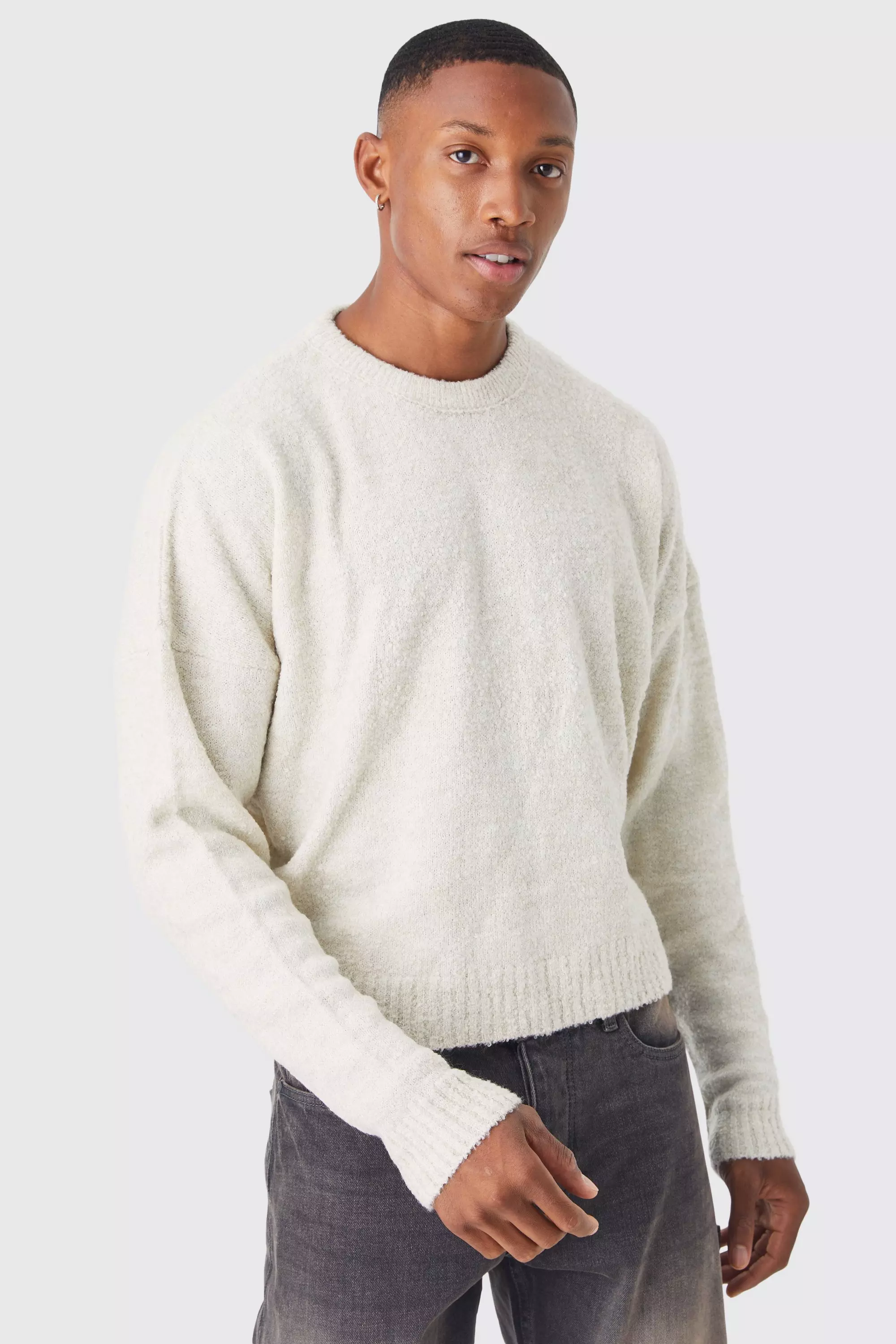 Boxy Boucle Knit Extended Neck Sweater Ecru