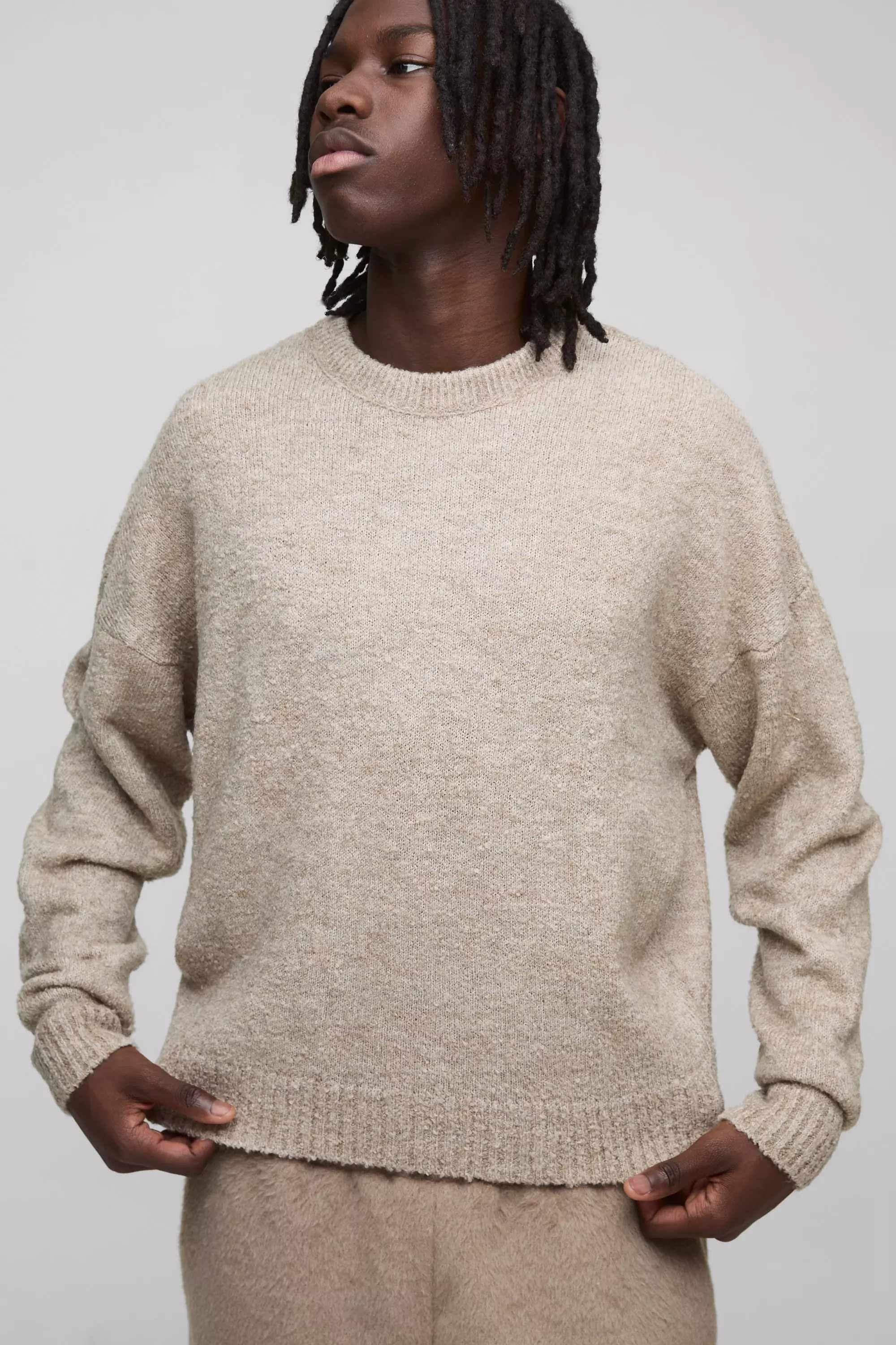 Boxy Boucle Knit Extended Neck Sweater Stone