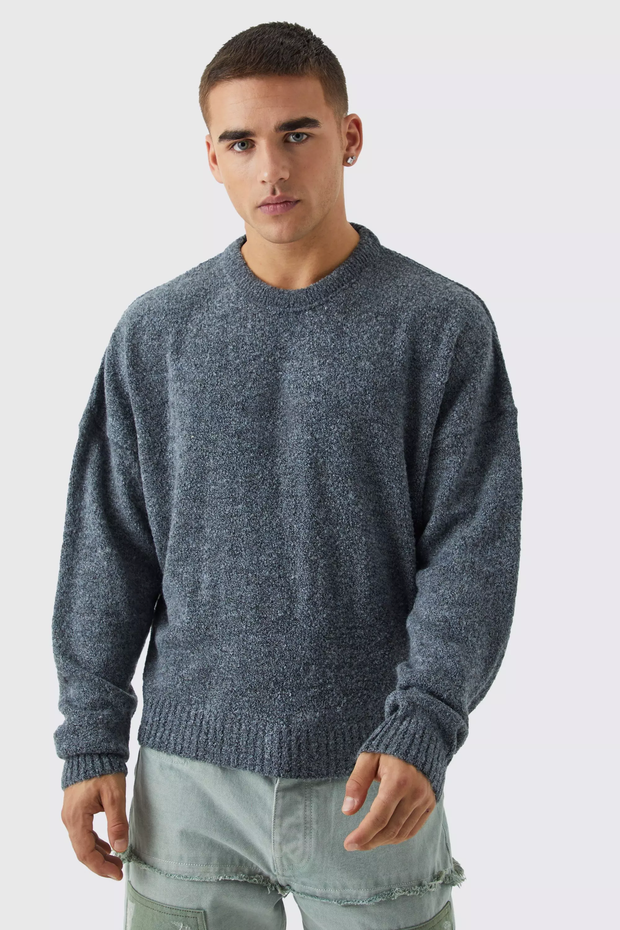 Charcoal Grey Boxy Boucle Knit Extended Neck Sweater