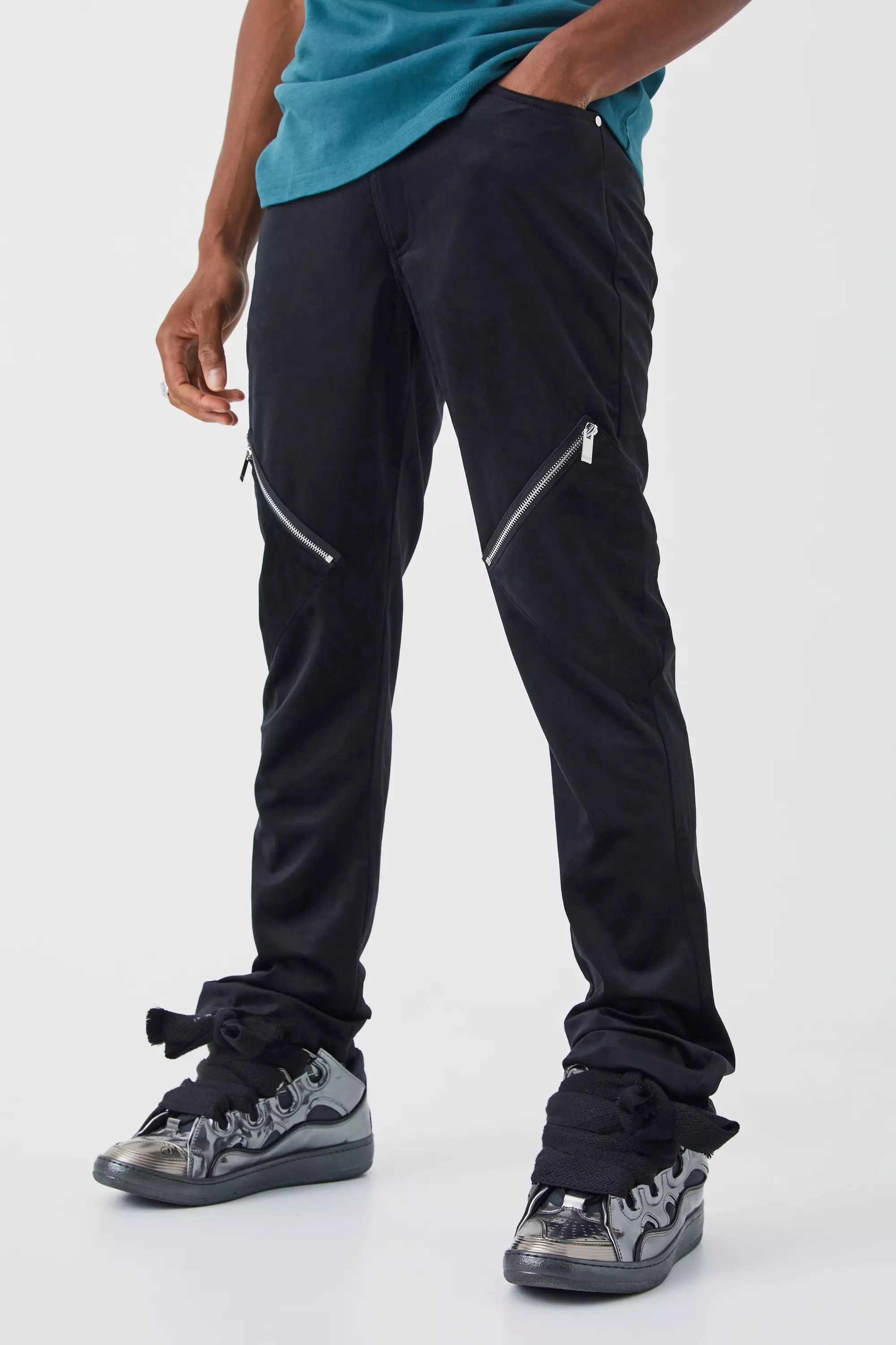 Black Slim Flare Velour Zip Cargo Pants